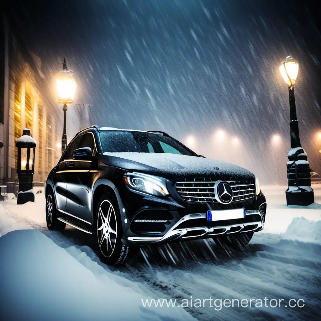 Night-Drive-in-a-Black-MercedesBenz-Through-Snowstorm-with-Falling-Snowflakes