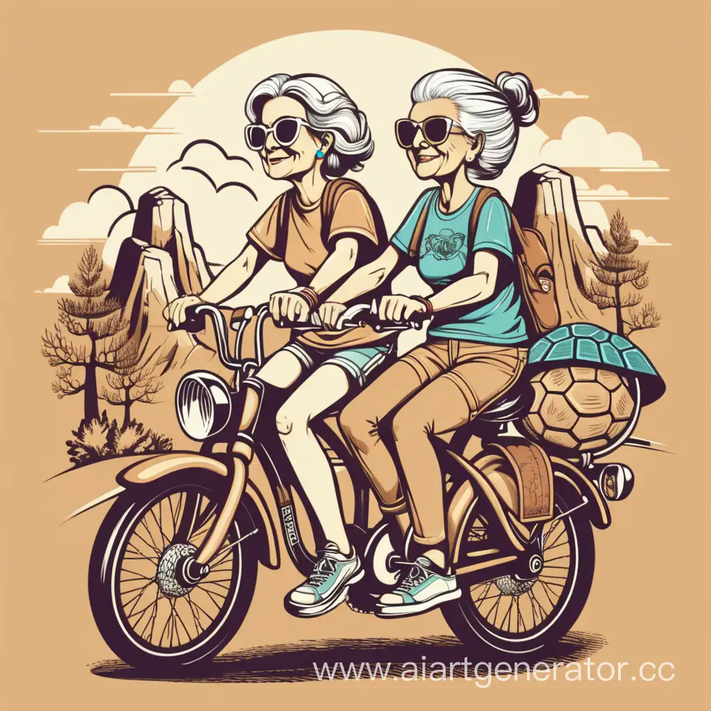 Vector t-shirt design Adventurous girl Wise Turtle and Grandmother on Bikes ROCK THE ROAD retro