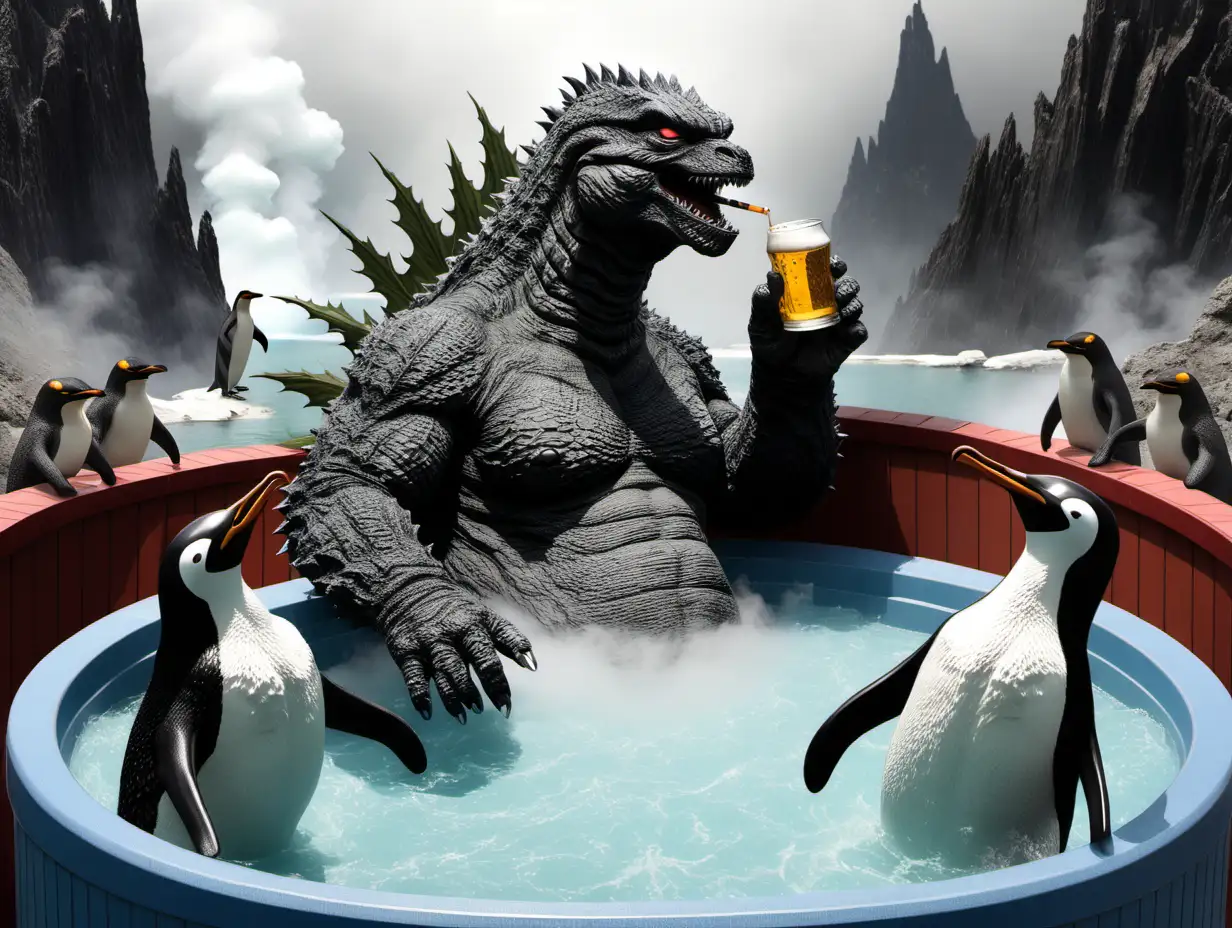 Godzilla in a hot tub with penguins drinking a beer and smoking a joint