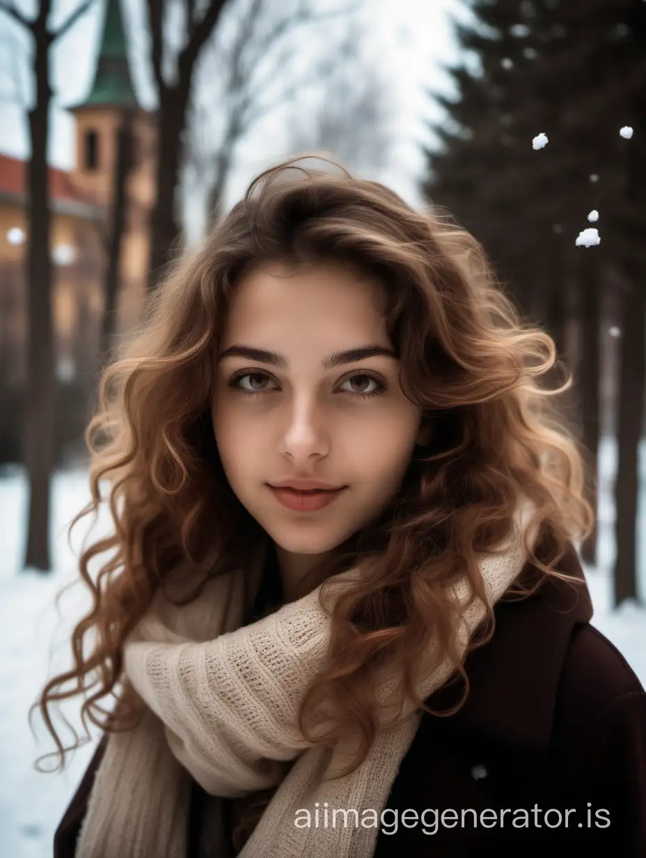 Generate an image with a mobile phone photo style and resolution. Use natural ambient light and avoid too much retouching. The subject is Michela, an hot Italian prosperous girl who just returned home from college. She has brown wavy hair, and the photo is set in a Lithuanian winter day.