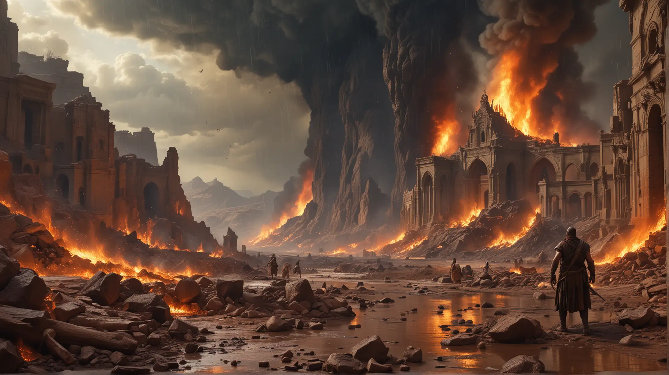 Gomorrah and Sodom destroyed by god, rain of sulfur and fire, story of the bible, trending on artstation, sharp focus, studio photo, intricate details, highly detailed, by greg rutkowski