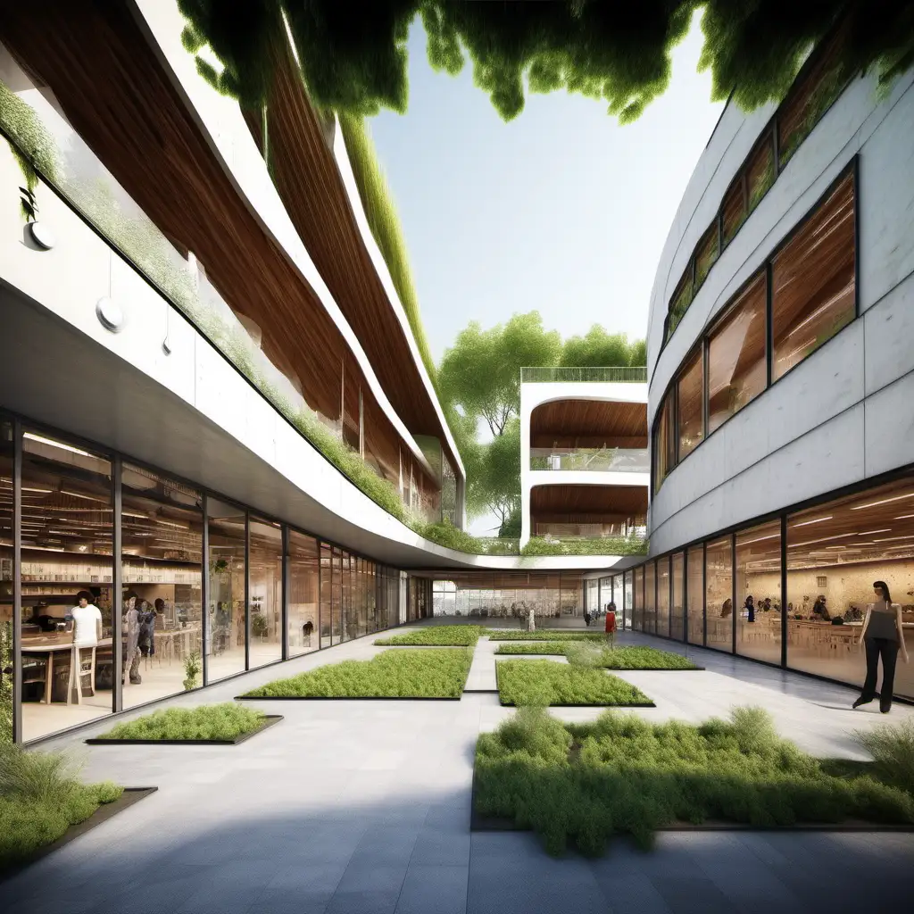 environmentally friendly design community center, futuristic sustainable building with two floors, the floors are of 1200 square feet, garden, and an open courtyard for retail and community spaces on the 2nd, Retail cafes are on ground floor, The front elevation is 130 feet long