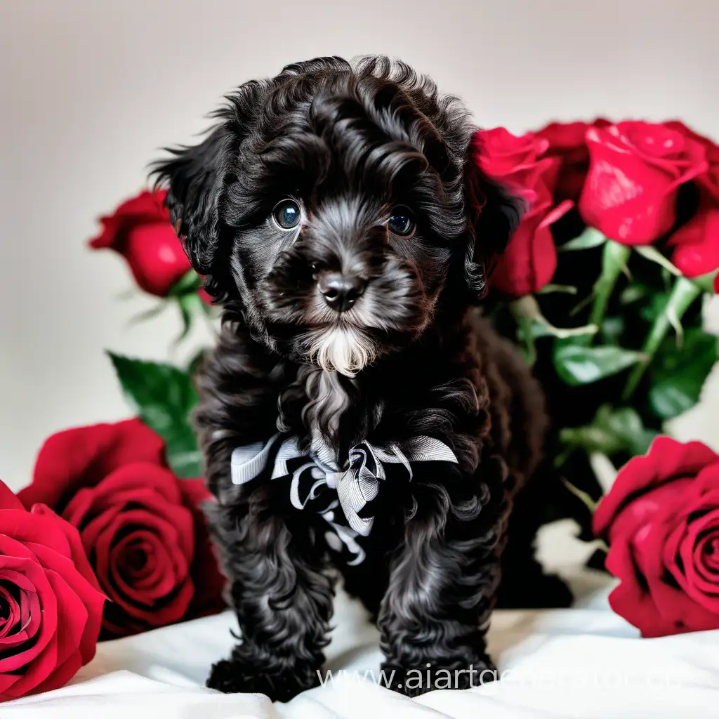 Adorable-Black-Maltipoo-Puppy-Surrounded-by-Roses