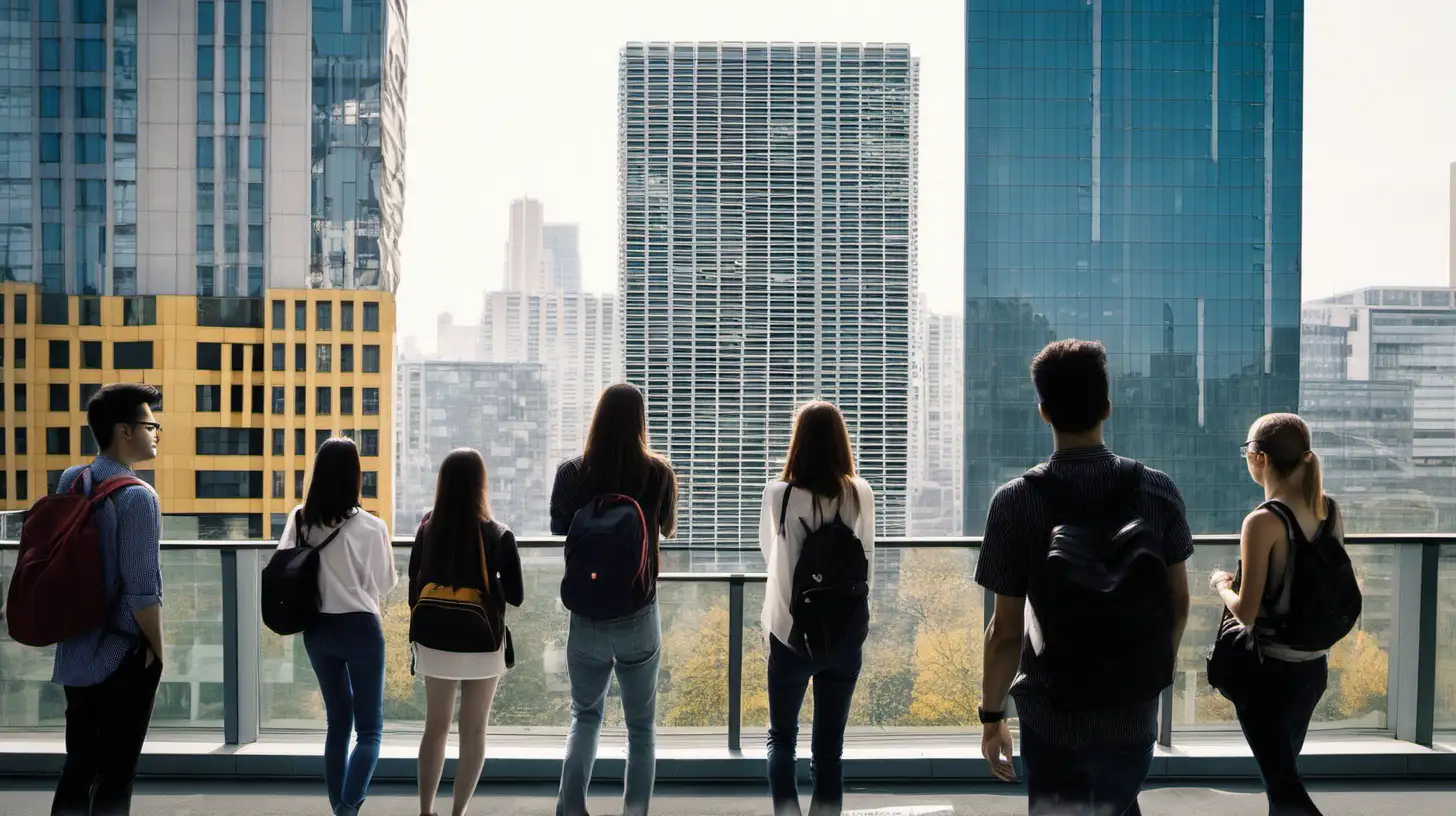 A group of university students look at modern buildings in a city
