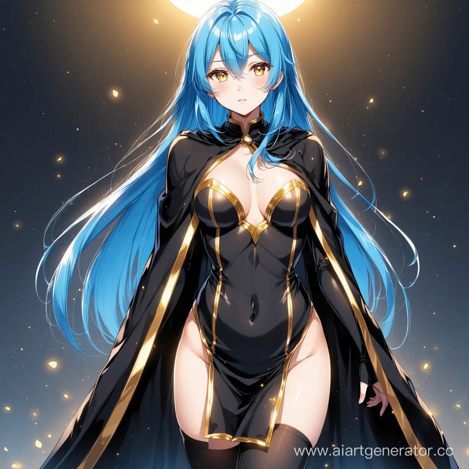 Mysterious-Anime-Girl-in-Elegant-Black-and-Gold-Cloak-with-Blue-Hair
