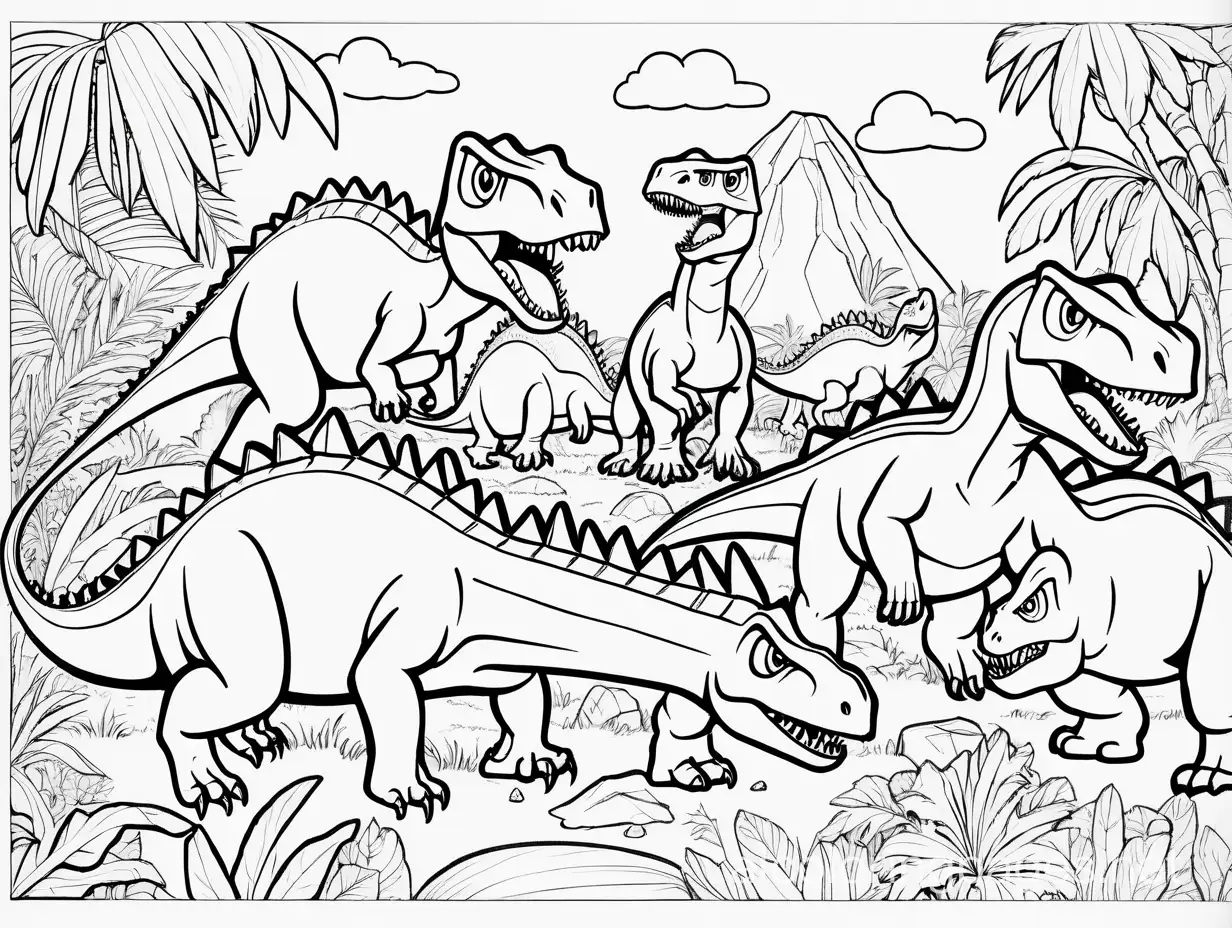 Dinosaurs-Eating-Coloring-Page-for-Kids-Simple-Line-Art-on-White-Background