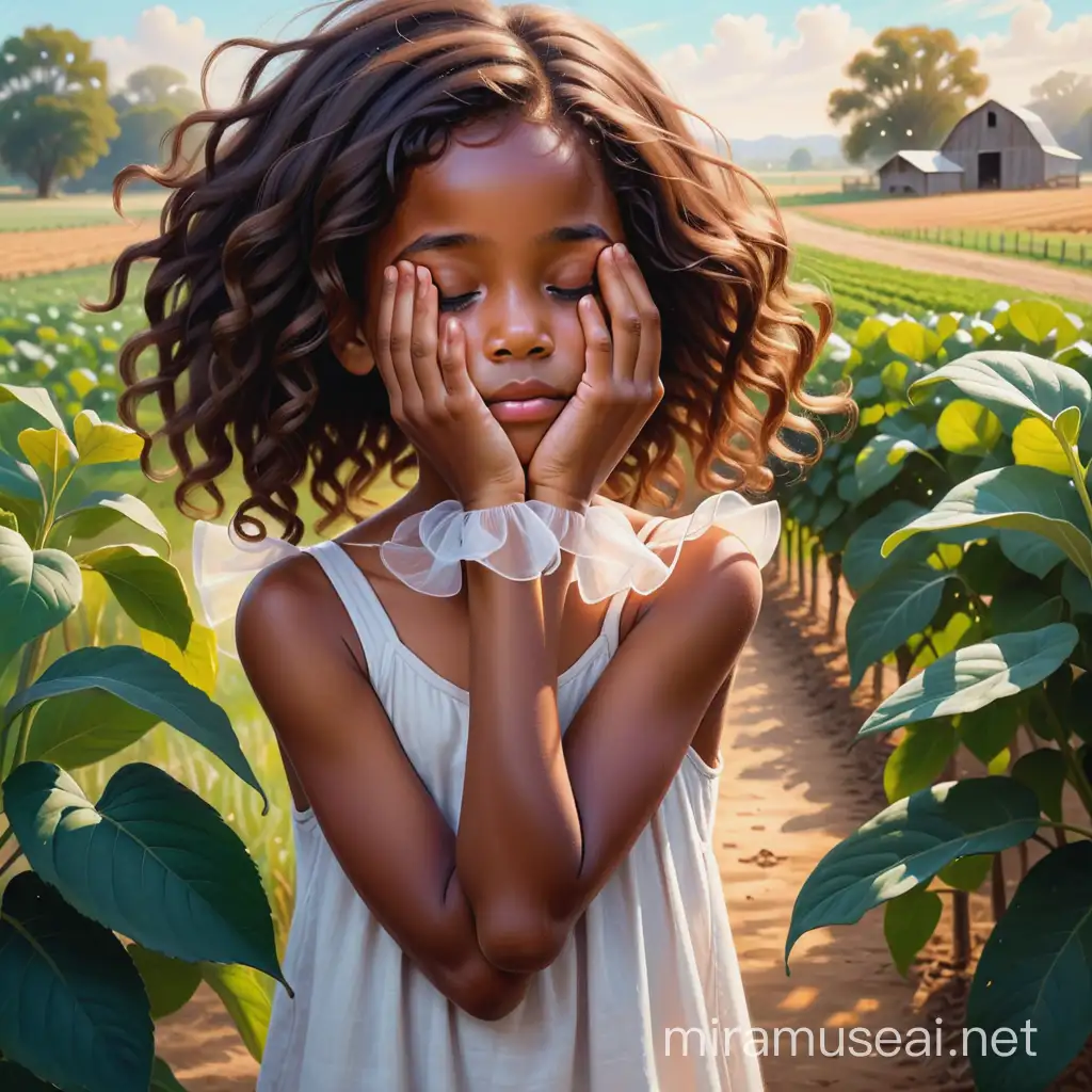 wispy magical painting of a 12 year old brown african american girl at her grandparents farm as they cover her eyes for a surprise