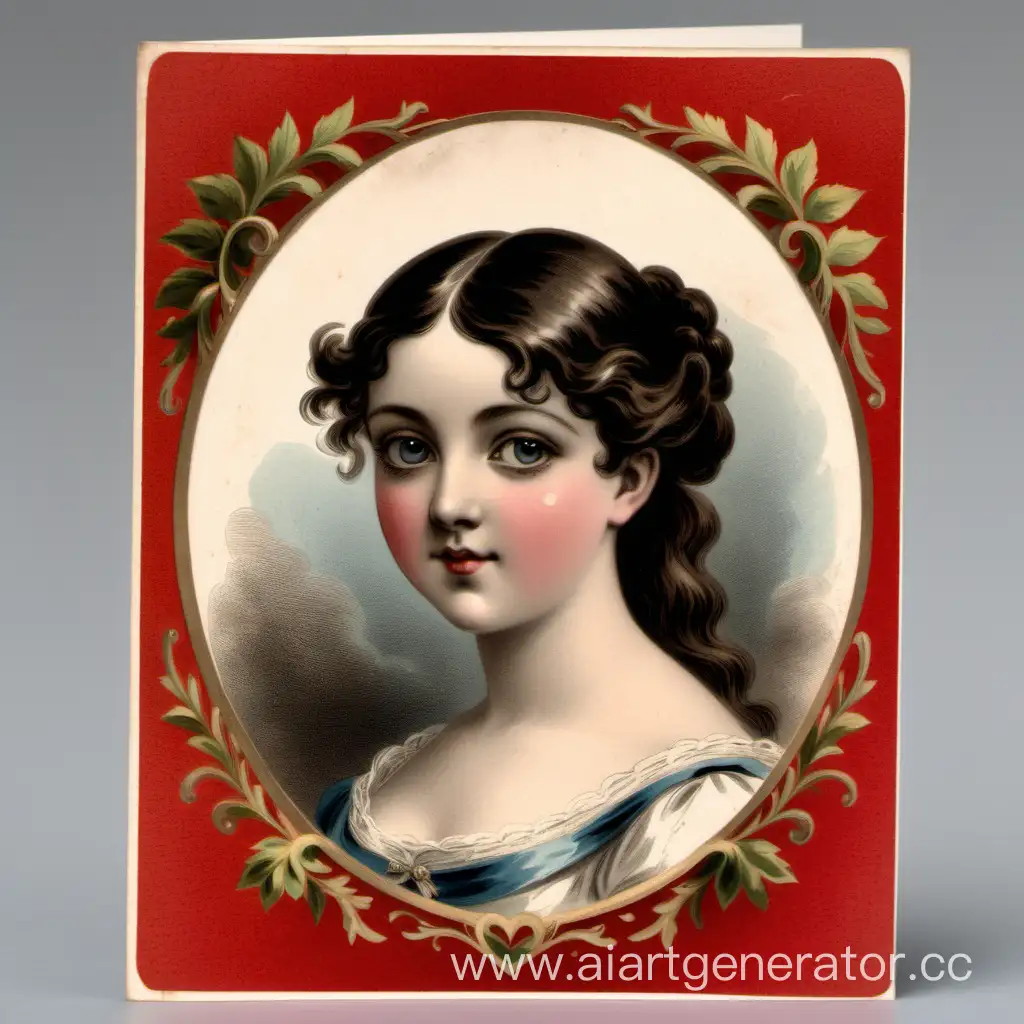 Открытка ко Дню Святого Валентина, 19 век, Англия. На ней изображена очень красивая молодая женщина лет 25, изящная, жгучая брюнетка, тонкие горделивые черты лица, выразительный рот, прекрасные тёмные глаза. 