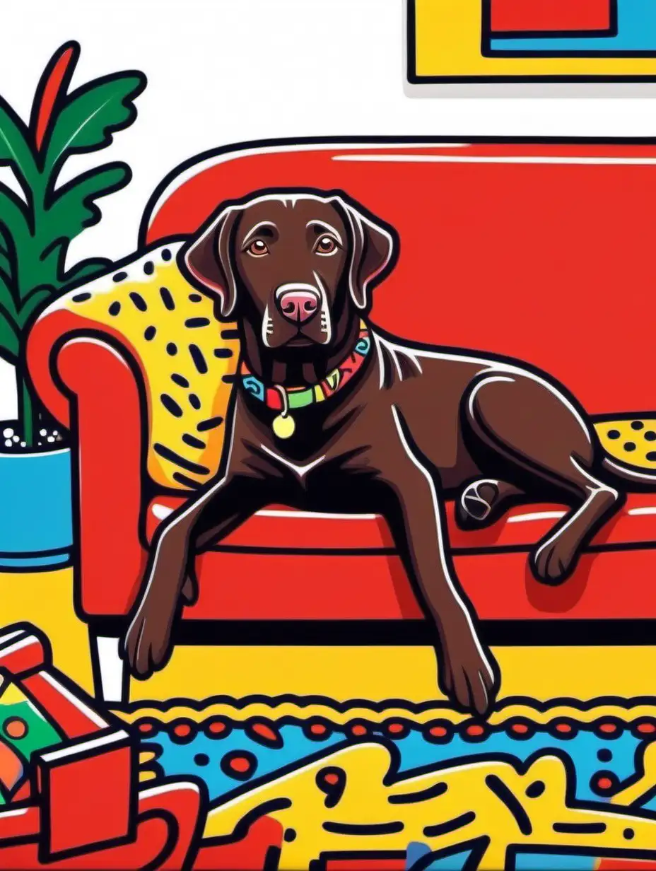 a cartoon character chocolate labrador retriever laying on a couch, in a cozy living room, vibrant color, white background, in a combination style of Keith Haring and Peter Max