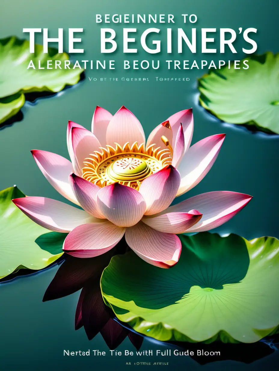 Please create a photorealistic image for a book cover with an ar of 2:3. There should be a single, striking image of a lotus flower in full bloom on a tranquil water surface. The title of the book is "The Beginner's Guide to Alternative Therapies"