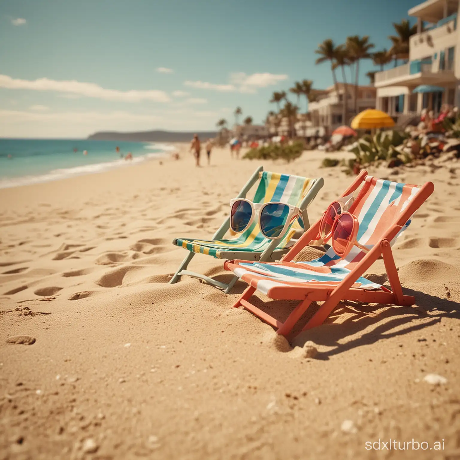 Creative composition, miniature landscape shooting, very American retro color, a huge pair of colored sunglasses placed in a summer beach miniature scene, miniature people and beach chairs, resort hotels, seaside, realism, color level, depth of field, high quality, ultra-fine details, shot by Hasselblad, --ar 3:4 --stylize 500 --chaos 20 --v 6.0