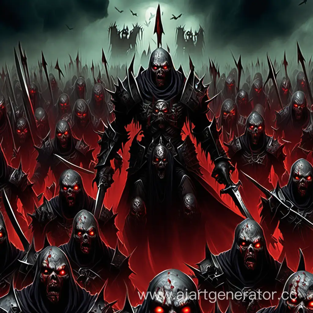 Dark army with undead warriors with red eyes