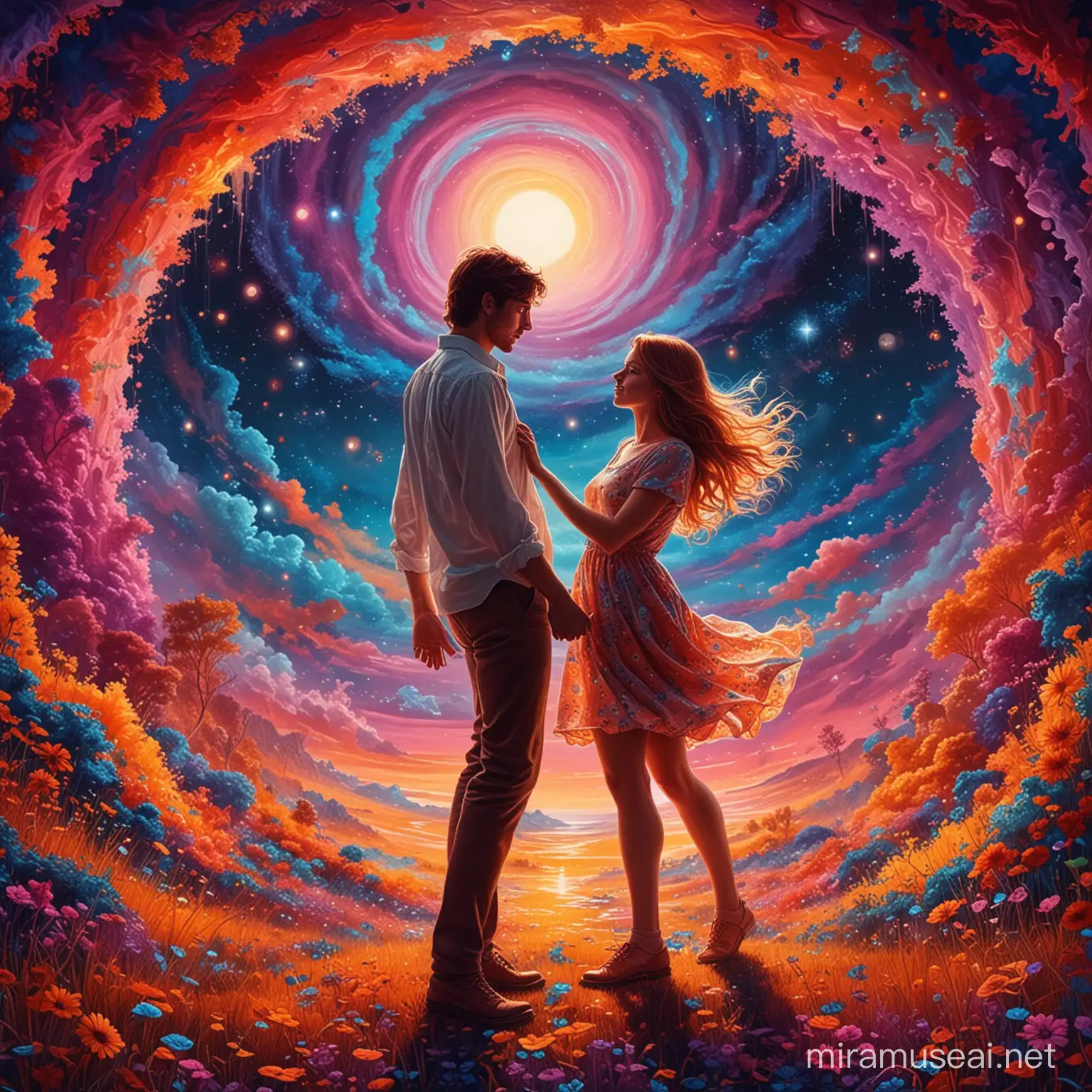 Dream dance, boy and girl, romatic setting, wild colors, psychedelic