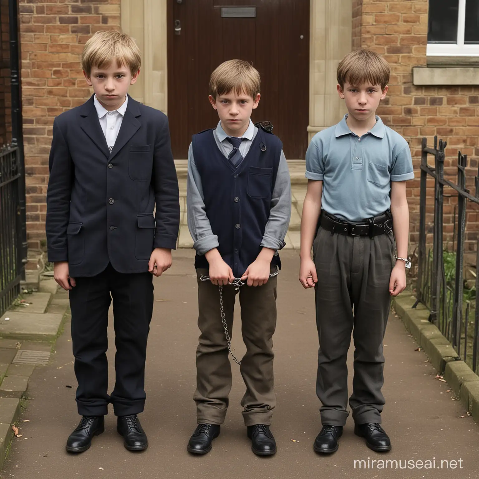 Image of two ten-year-old English children,at the moment they are arrested and taken from their homes in handcuffs,  the image must be hyperrealistic