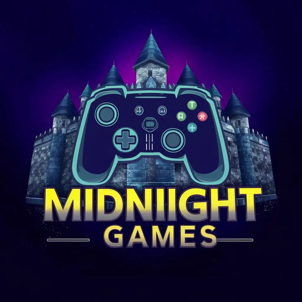 logo, gaming controller, castle , study, with the text "midnight games", typography