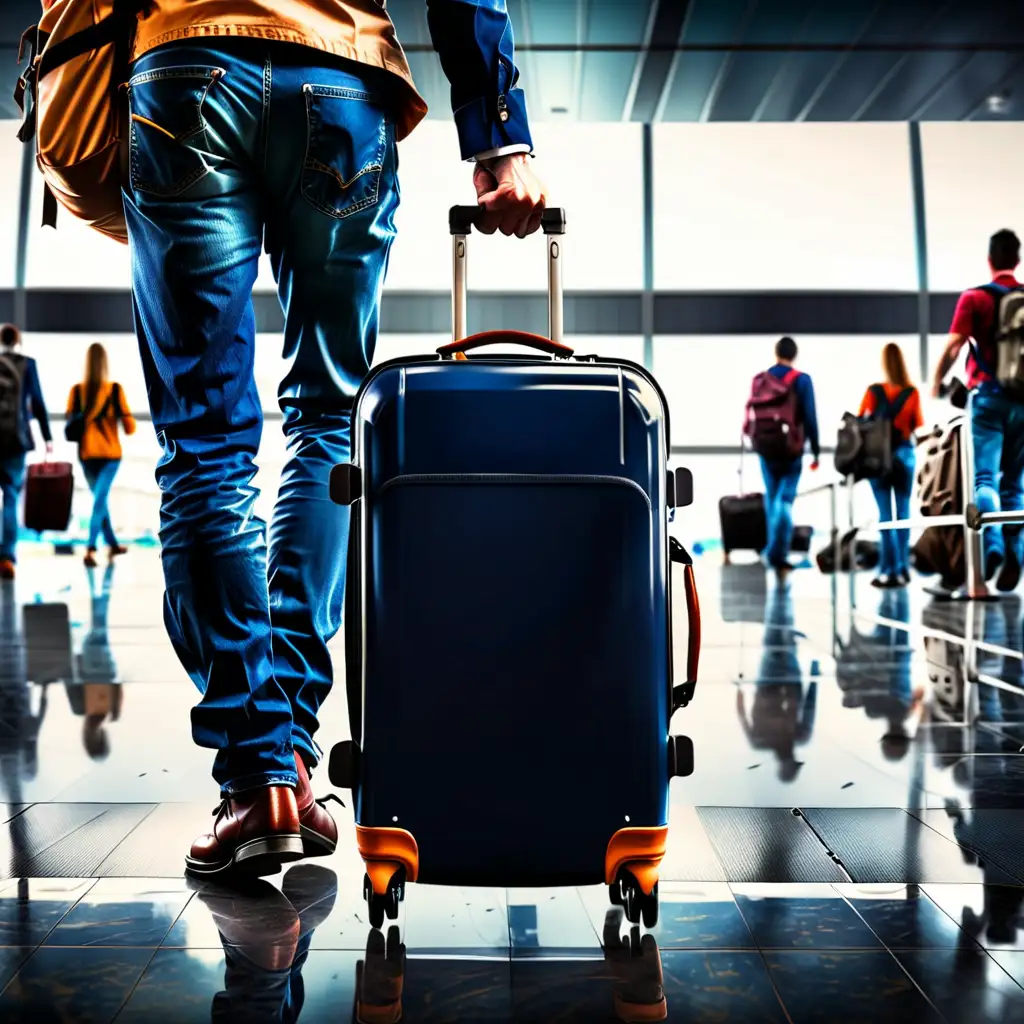 sikkerhed på rejsen, fly, lufthavn, mennesker. venlig, Lys venlige farver, kuffert, rygsæk. formel i tøjet. mørkeblå cowboybukser, set bagfra


