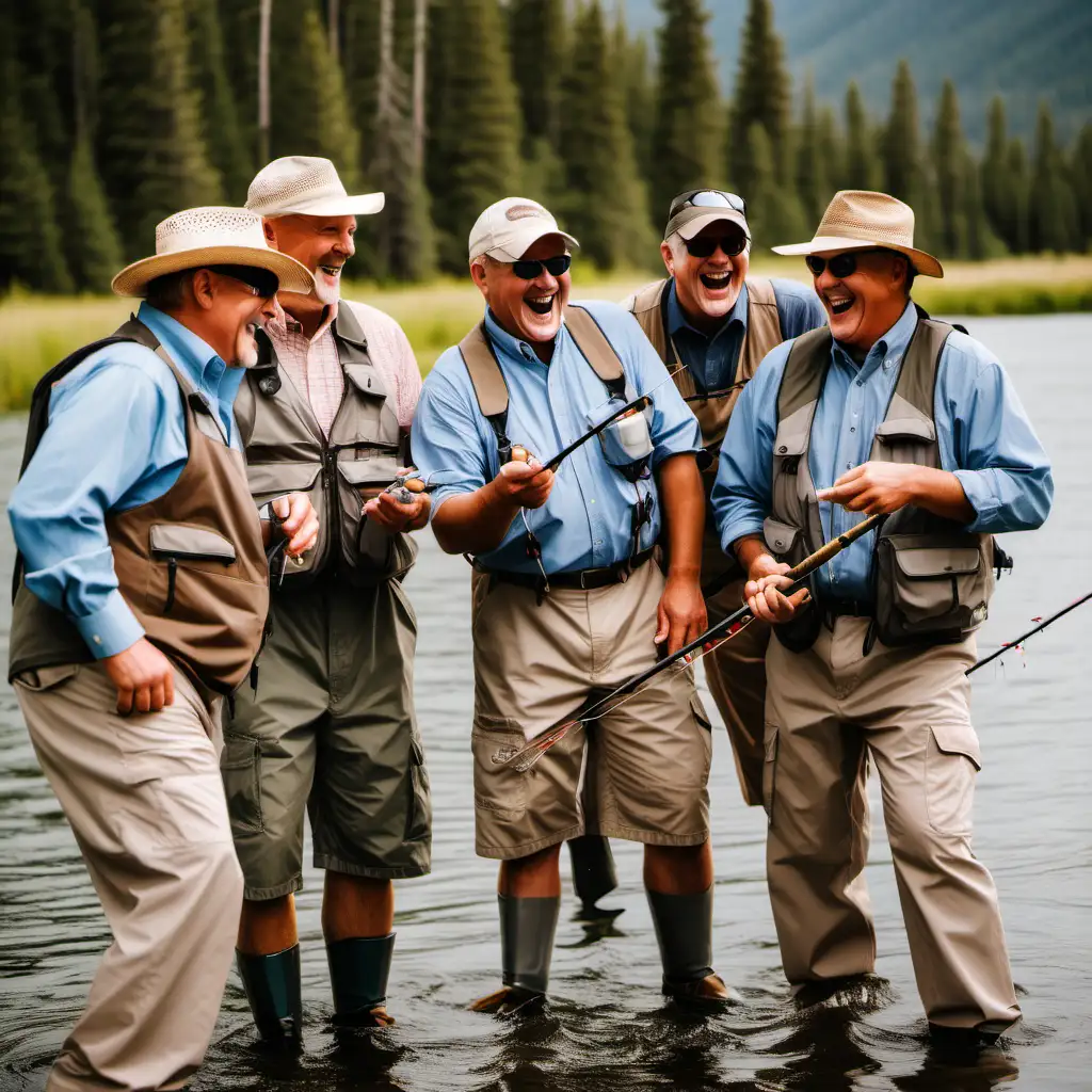 Middleaged Men Enjoying Summer Fly Fishing Expedition in Montana