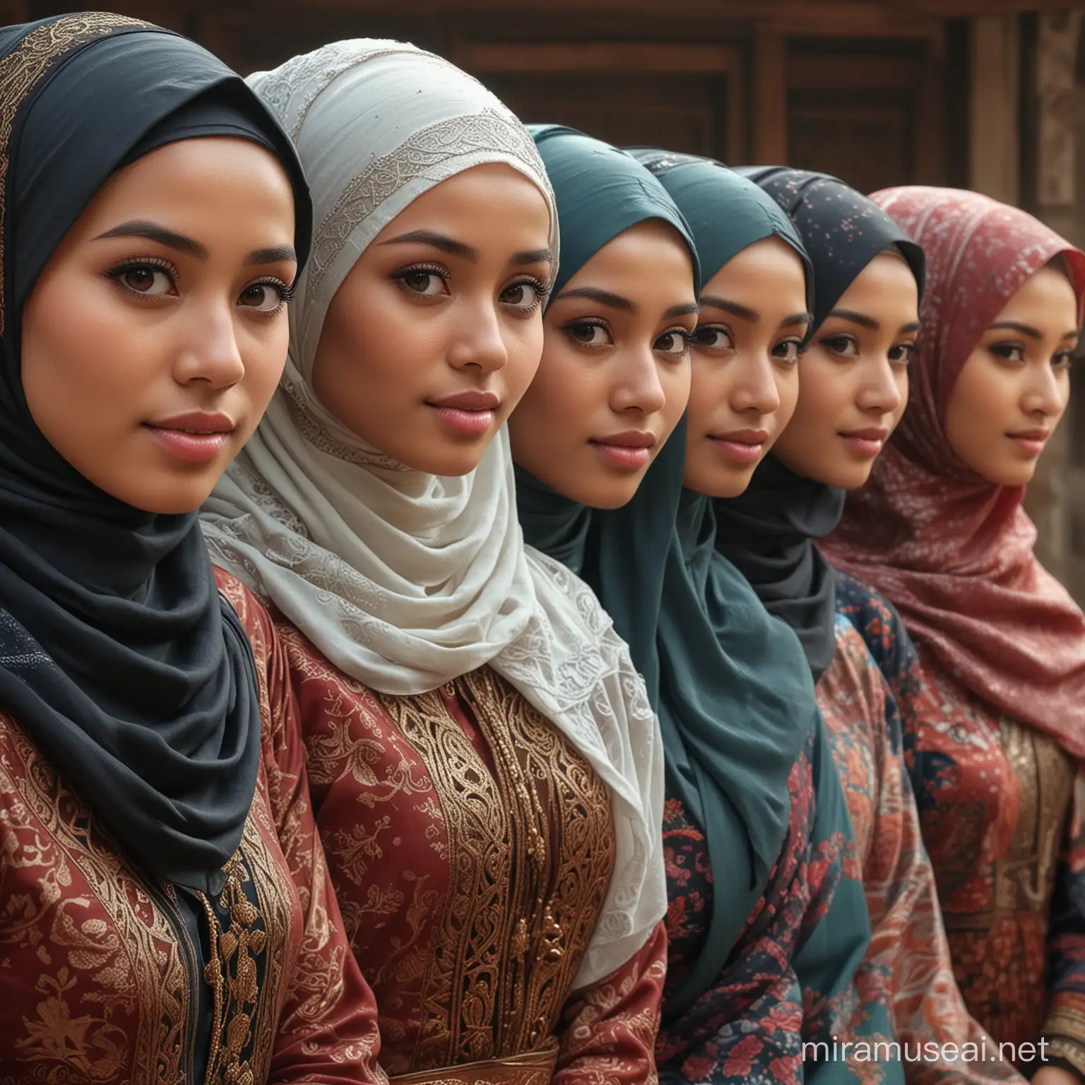 Indonesian verry beautiful female, whole body,  four women wearing hijab and one women not hijab with kebaya traditional women's clothing in java indonesia, perfect face, perfect eyes, highly detailed, comprehensive cinematic, digital painting, 8k, cinematic lighting, best quality, high res, detailed work, post-processing, perfect result, perfect whole body, indonesian traditional unique house background
