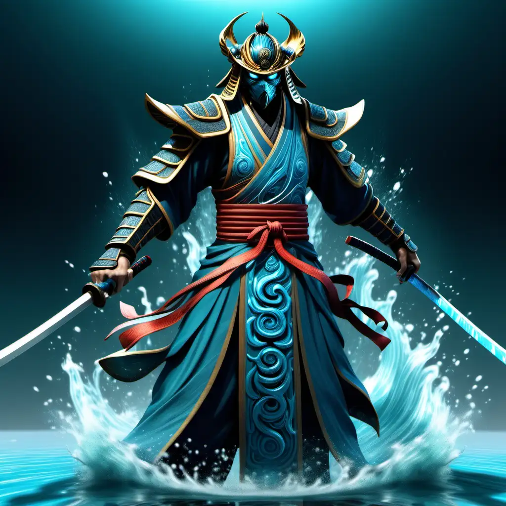 high definition simulation of a video game world boss character, samurai flowing water shaped helmet hanya mask creation screen with slightly scifi kung fu master ,Starter set outfit with simple armor and robes tall and thin water emperor blue geo on robes robe themed black blue and teal