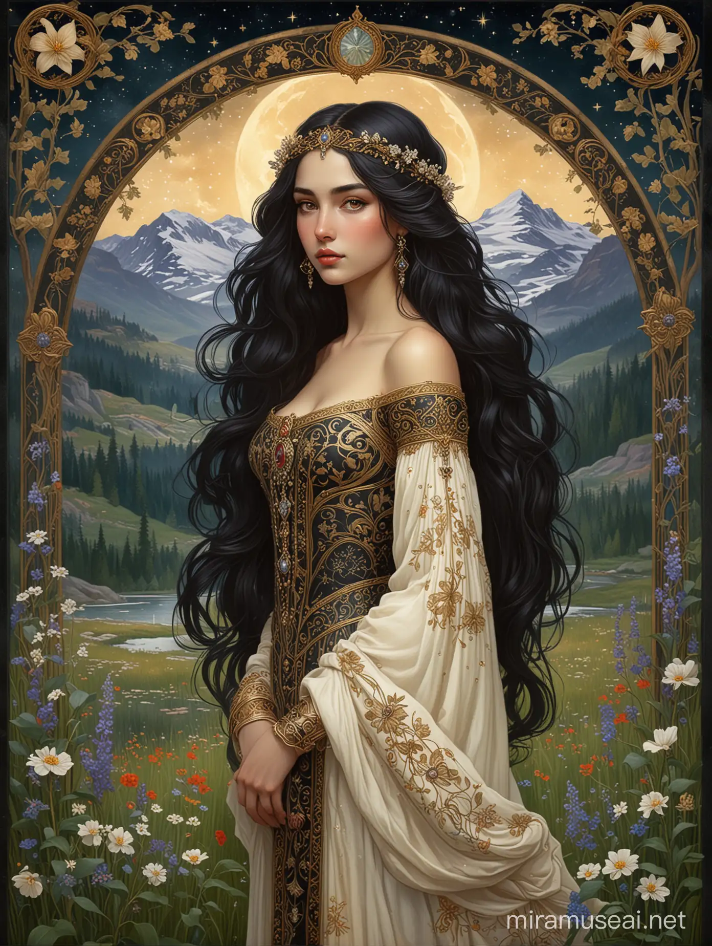 Medieval Princess with Lustrous Hair in Enchanted Birch Grove at Night