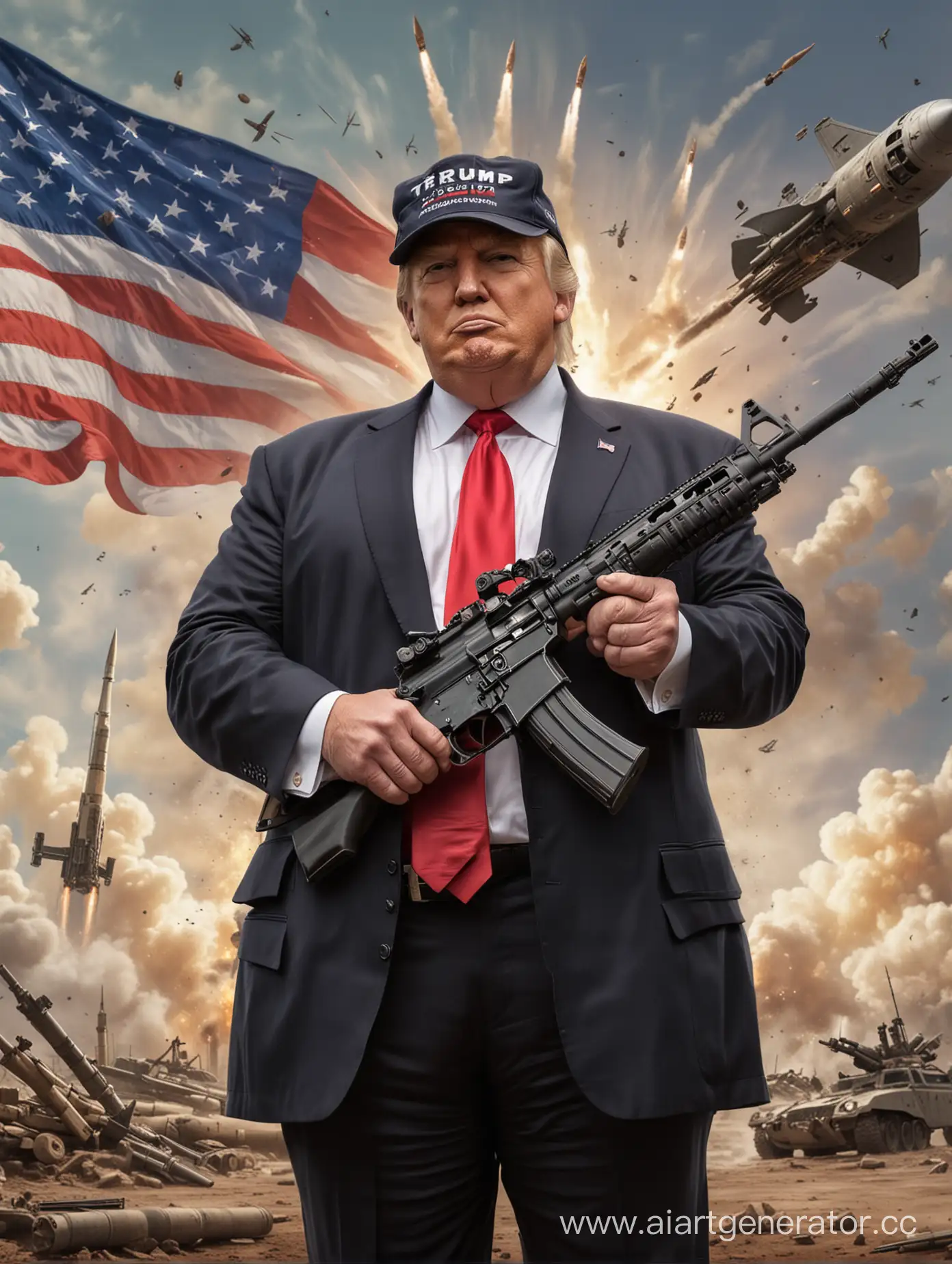 American-President-Armed-with-Machine-Guns-under-Flying-Rockets-and-Flag