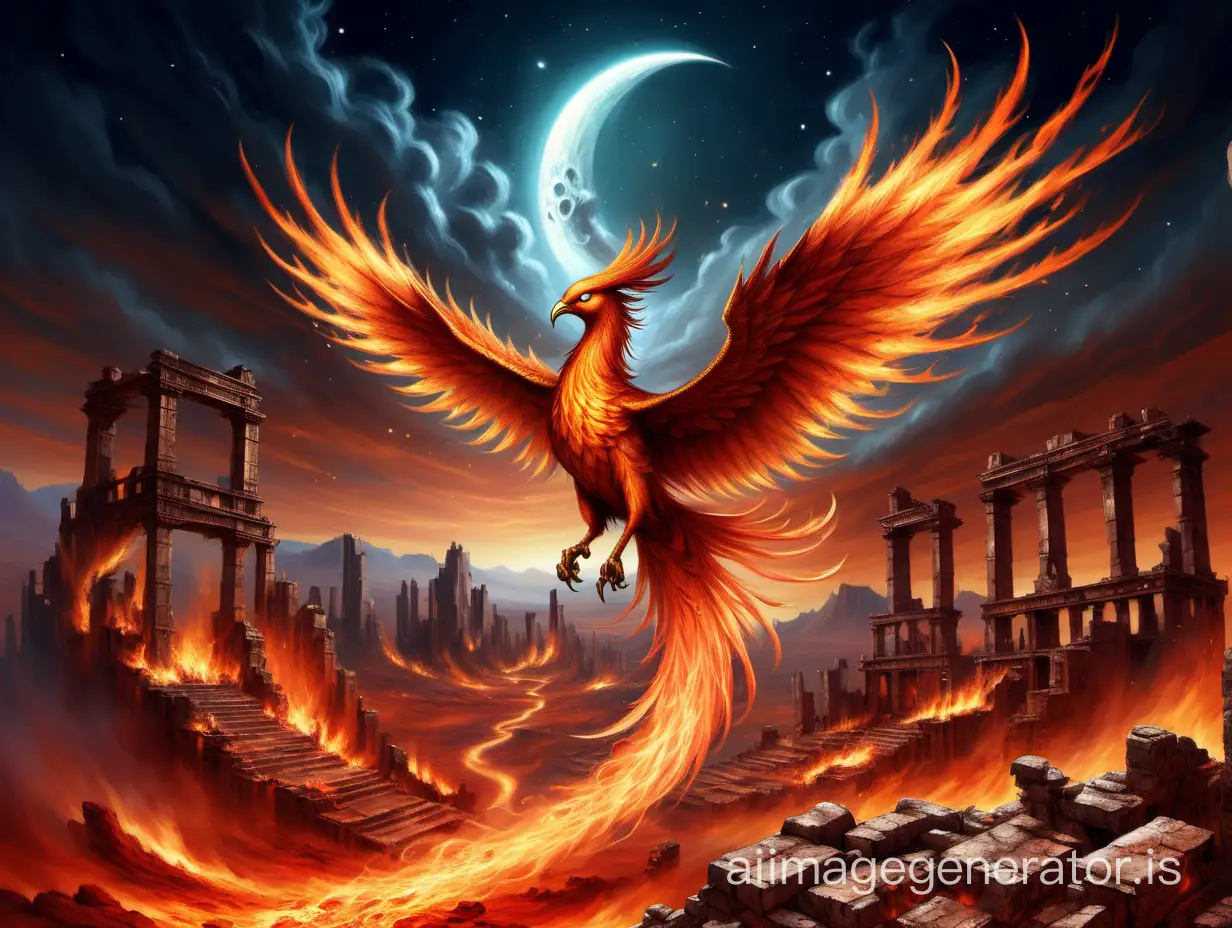 Phoenix with flowing fiery tale flying over desolate fiery landscape filled with stone ruins. Moon visible above