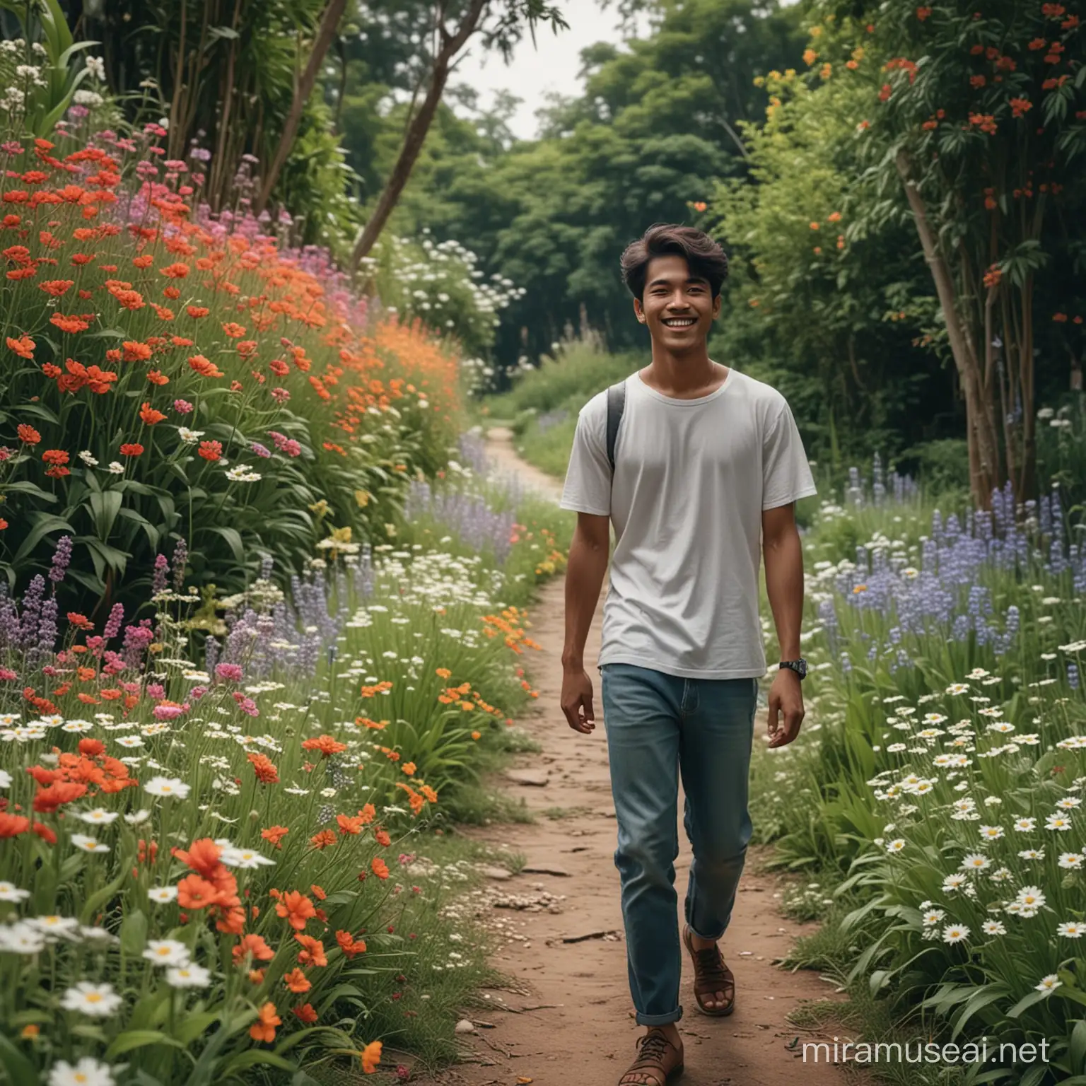  dari Jalur taman yang tenang di mana bunga-bunga mekar terbuat dari Bunga Liar, seorang pemuda indonesia tersenyum berjalan di jalur ini dengan , fesyen, sinematik, photografi, realistik,8k