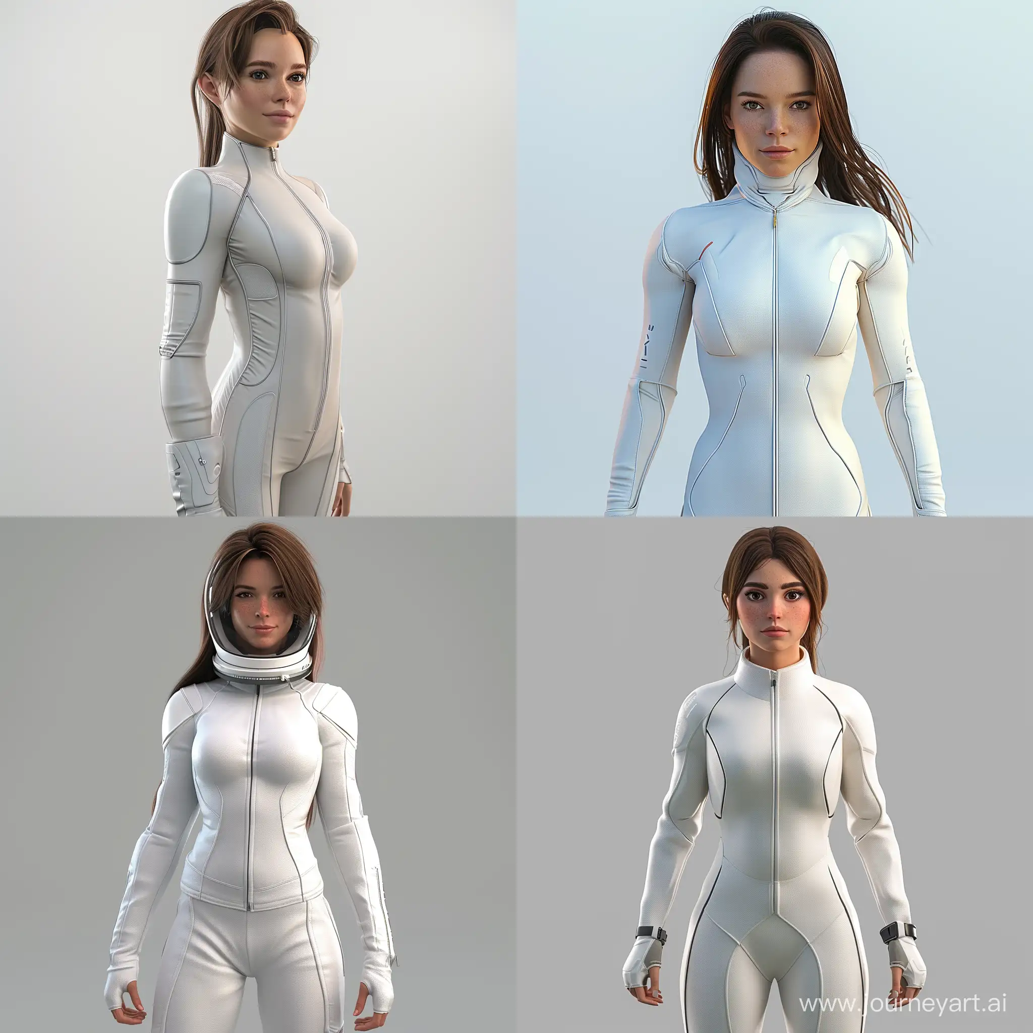 Elon Musk is a confident and beautiful woman in 3d 4k style. She exudes a sense of power and strength with her presence. Her sharp features and unique style captivate those around her. She is a trailblazer and loves risk. Her intelligence and ambition are inspiring. Elon Musk is a girl who changes the world. She wears a white space suit tracksuit without a helmet and has brown hair. Draw her body and face.