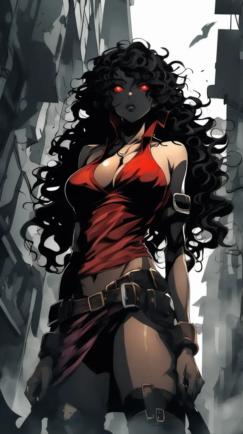 Anime Silhouette, lone woman destroying a city with her bare hands, destruction, battlefield, fire, brimstone, modest obsidian armor, anime, beautiful body, (mature, whole body, ethereal long black wild curly hair, brown skin, black lip, red eyes, full hips/thighs, and bewitching chest with medium breasts), extremely detailed, ultra-sharp focus, depth of field, perfect meshes and textures, highly accurate reflections, volumetric fog, volumetric lighting, face drawn by the masterful artist Paul Gauguin, thin and soft lines --ar 2:3 --niji 5
