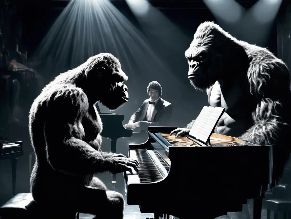 King Kong and the wolfman playing a piano duet
 in a night club with a spotlight