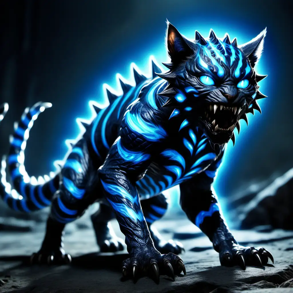 cat, kaiju , black skin, huge teeth, blue glowing patterns on skin, large claws