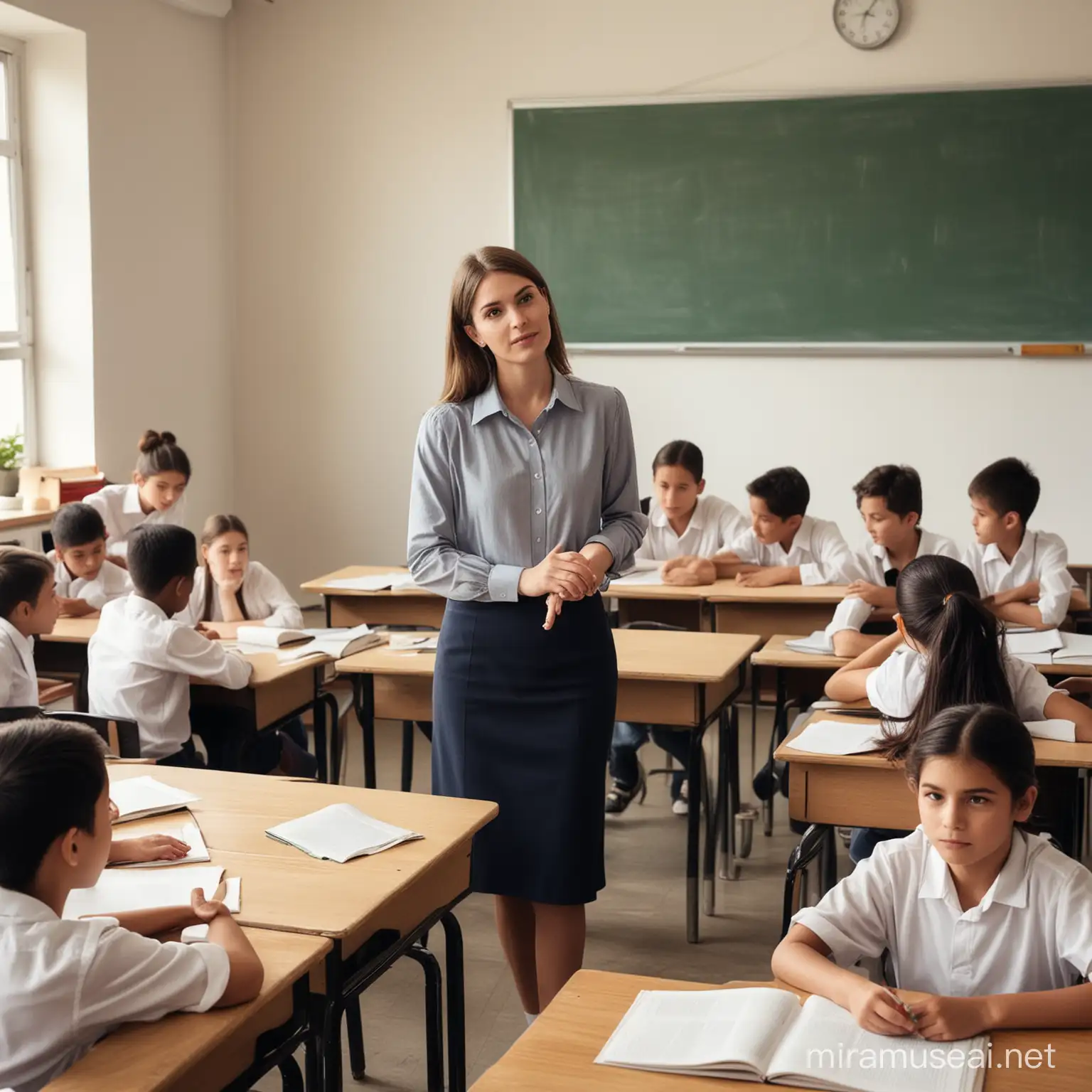 在学校的教室里里，老师给学生兢兢业业的讲课，学生们认真听讲