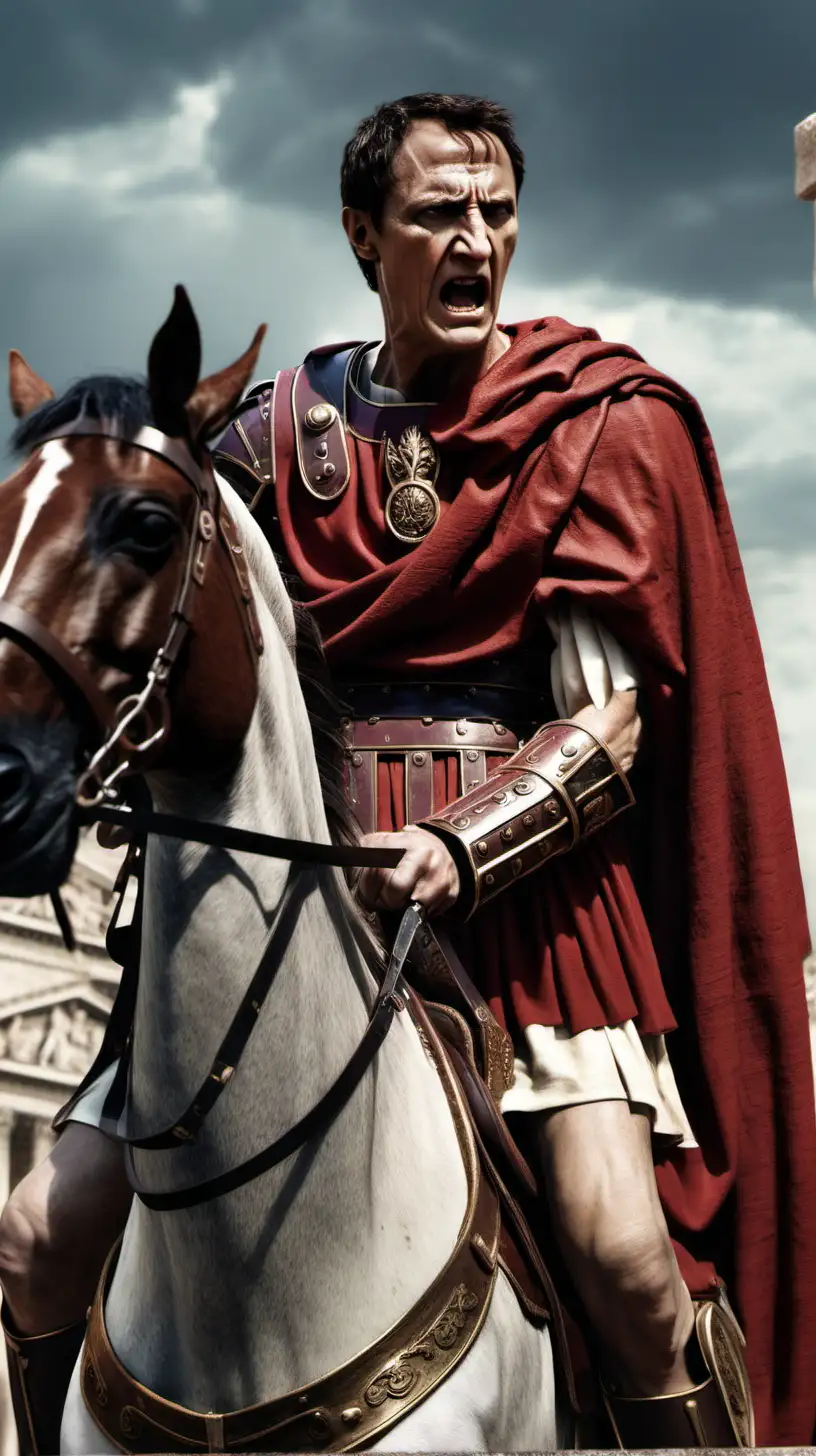 Julius Caesar is angry with his face close and on horseback
