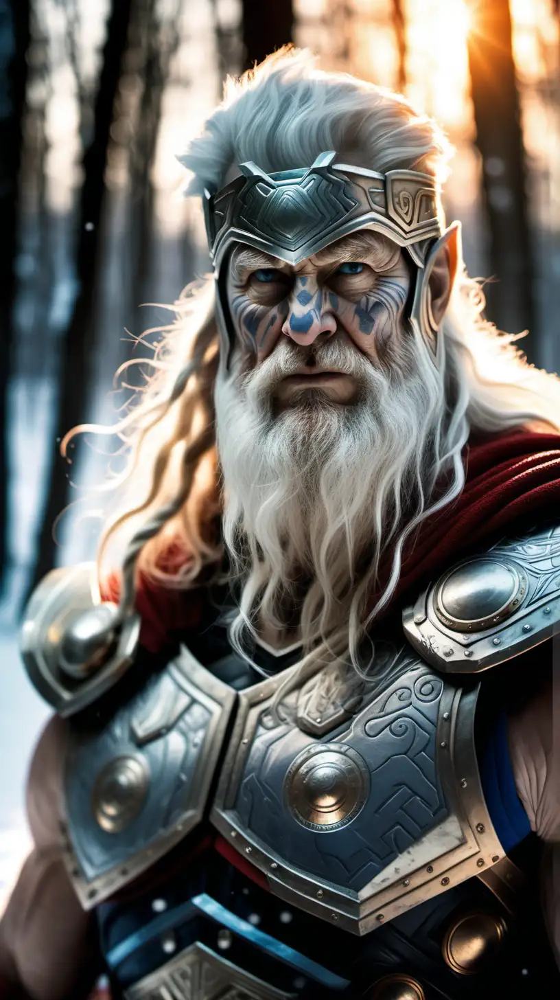 portrait of the elderly God Thor, detailed and textured skin, background snow forest, ambient sunset light