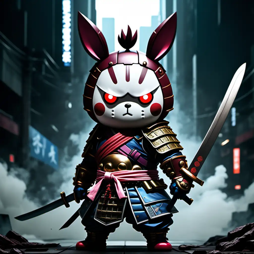 digital wallpaper portrait of brutal cyberpunk Samurai Cony from line friends, anime, in the style of marvel comics, dark, muted colors, brutal epic composition, dramatic, digital painting, very intricate, ultra unique natural textures, slight imperfections, vray