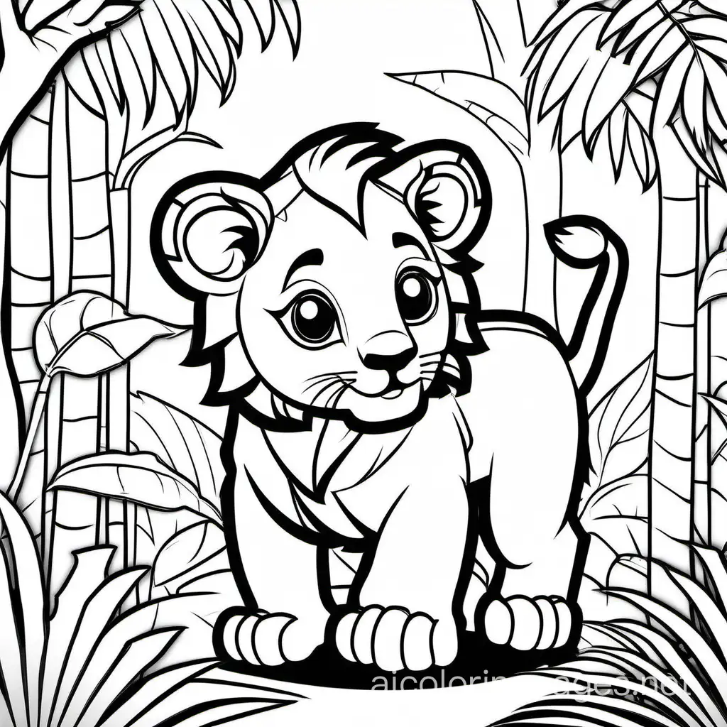 cute baby lion walking in jungle coloring pages, Coloring Page, black and white, line art, white background, Simplicity, Ample White Space. The background of the coloring page is plain white to make it easy for young children to color within the lines. The outlines of all the subjects are easy to distinguish, making it simple for kids to color without too much difficulty