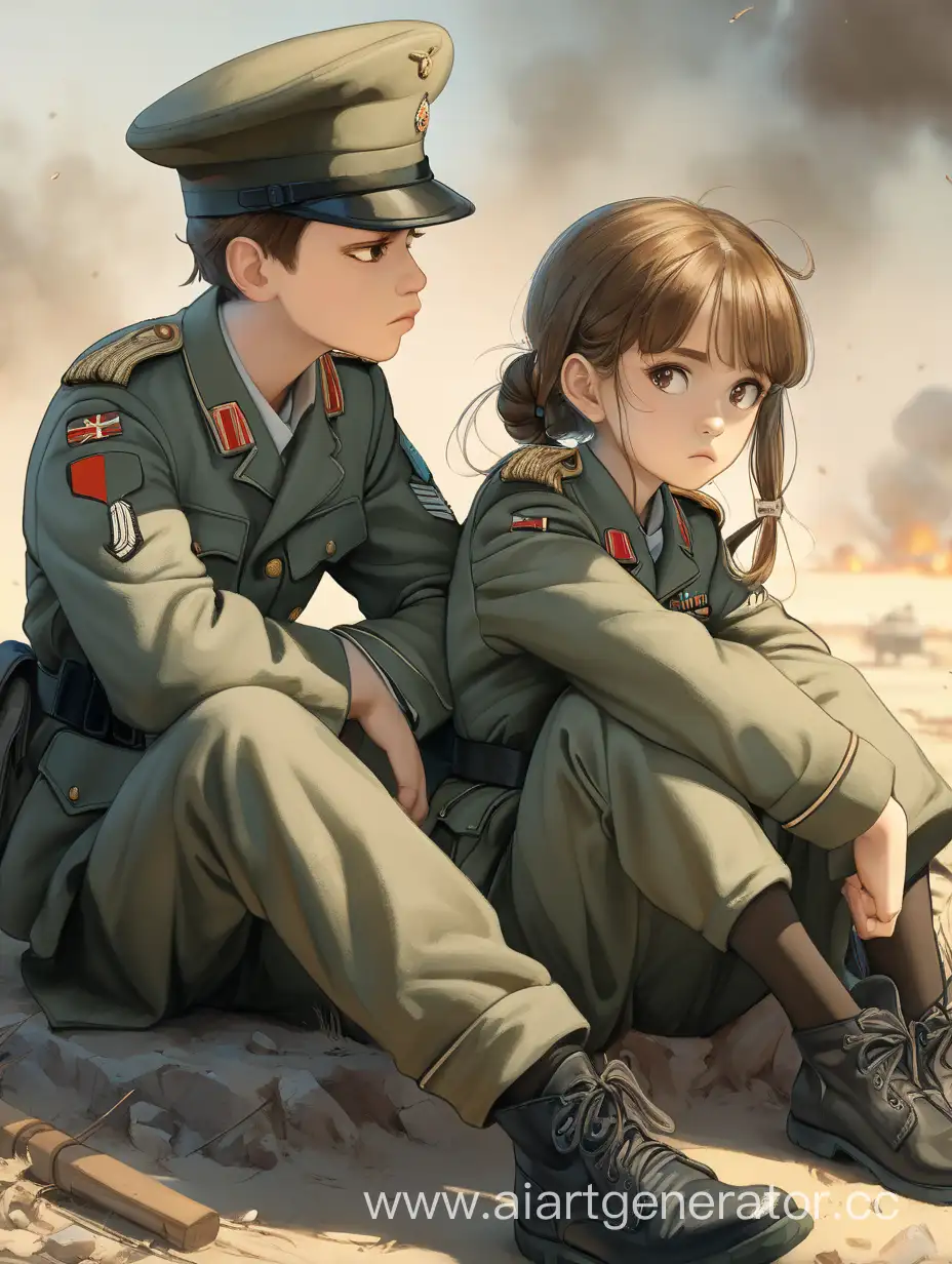 Девушка и парень, в военной форме, после битвы, уставшие, сидят спиной к спине