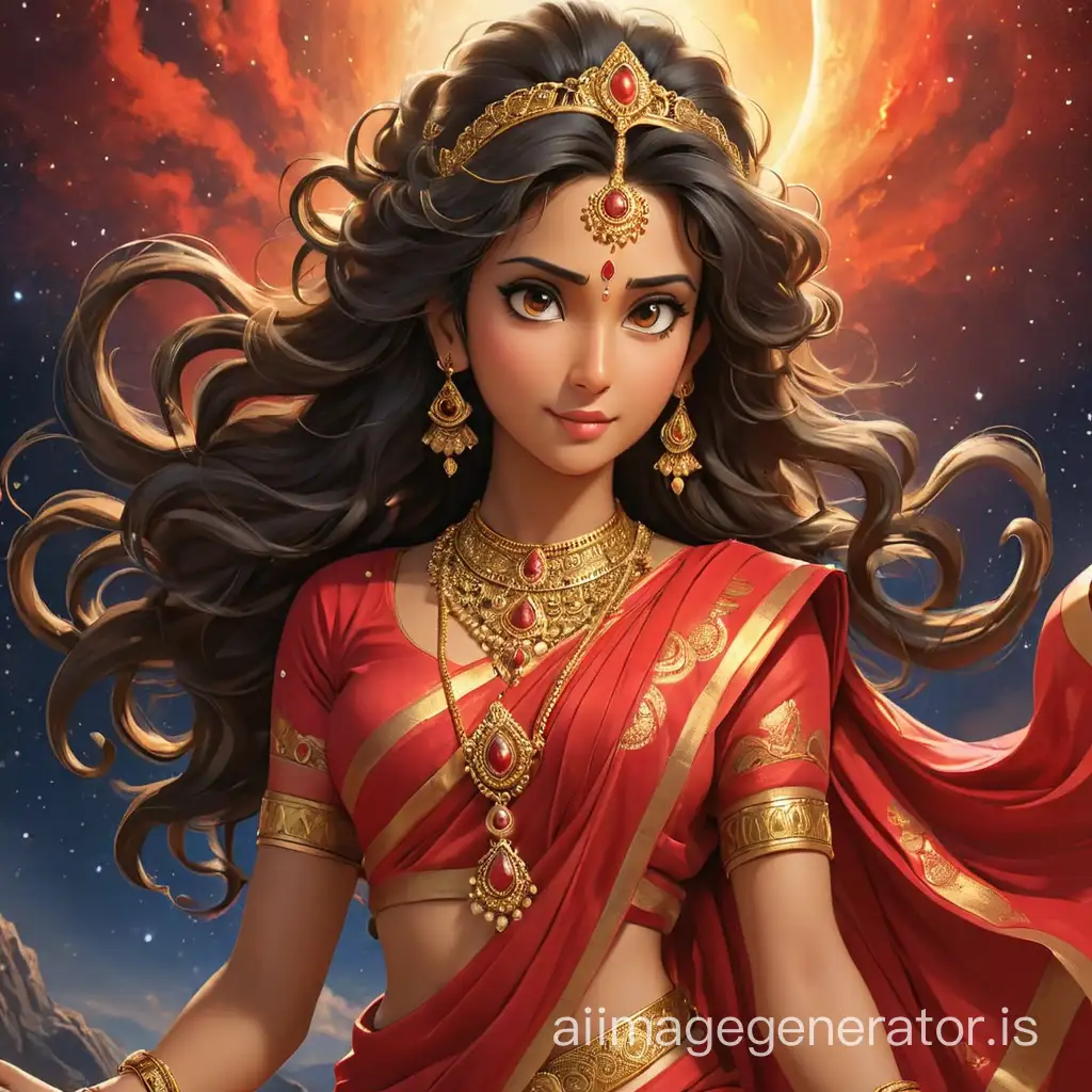 loving goddess shakti in red saree and gold jewellary watching down from the universe
