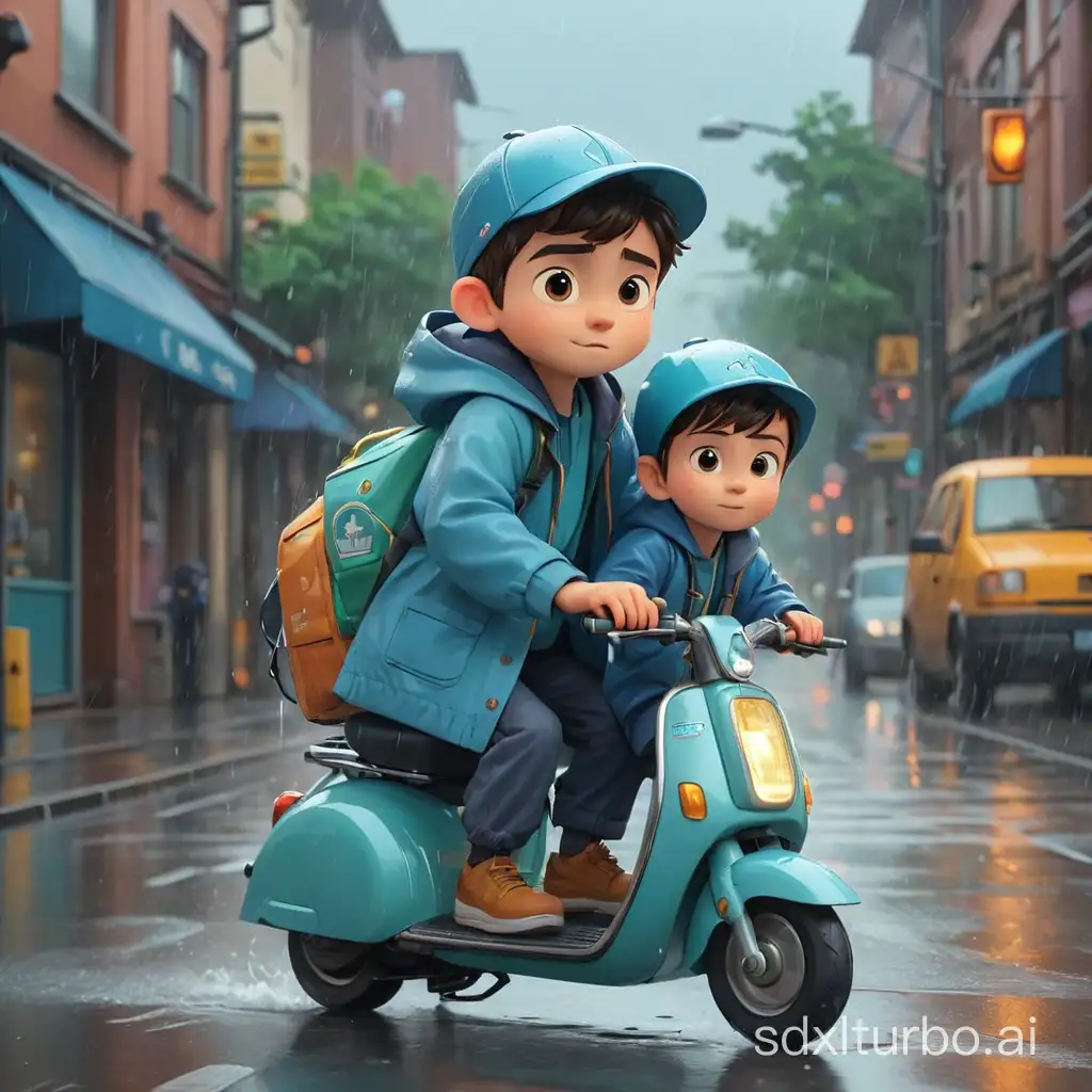 Cute flat illustration style, bright and soft colors, at the intersection on a rainy day, a deliveryman dad rides an electric scooter across the road, with a 3-year-old boy in a blue raincoat on the scooter.