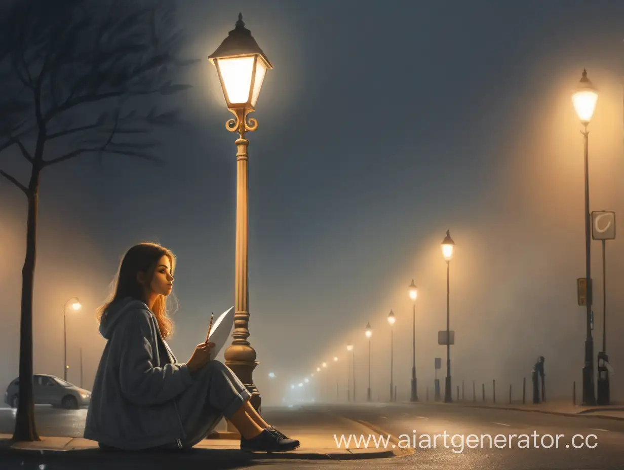 Draw a beautiful girl with a good figure sitting under a street lamp, evening, cloudy, fog, glare from passing cars
