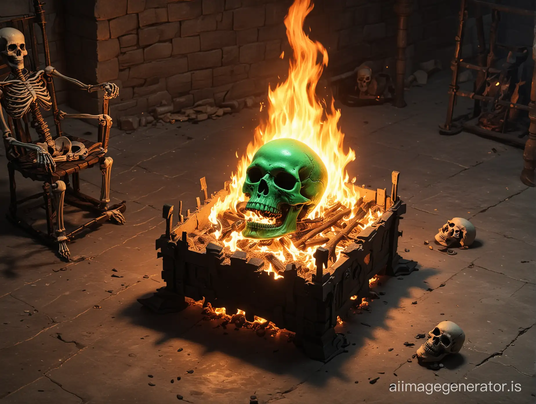 DnD green flaming skull. hovering next to a brazier. dead skeleton bodies on the floor.