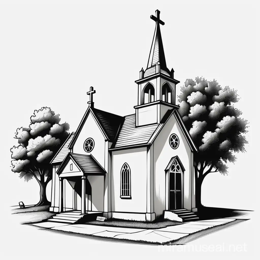 HandDrawn Rustic Country Chapel on Pure White Background