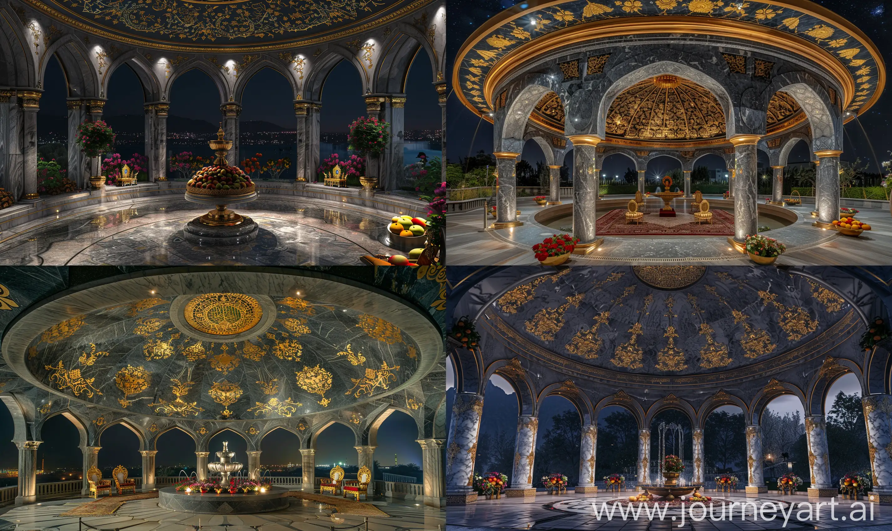 inside of large round Pavillion, covered with Islamic ceiling, Grey marbled Mughal arches with gold islamic floral designs, Fountain fruits and persian thrones and persian carpet and and flowers inside, Night outside, at extremely high place --ar 5:3