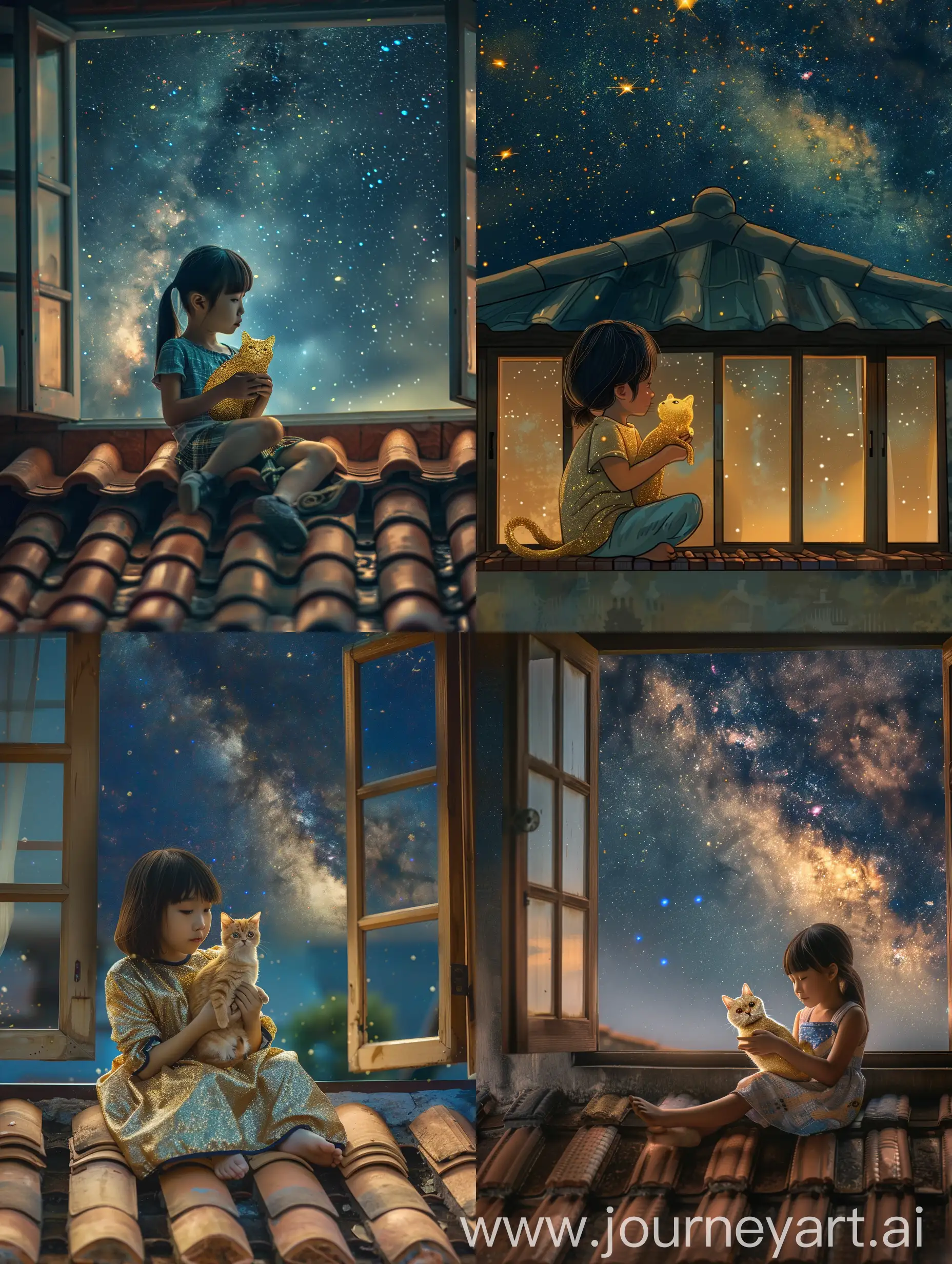 一个亚洲女孩穿着抱着小金渐层猫，坐在窗户外面的瓦房屋顶上，头顶的星空闪闪发亮