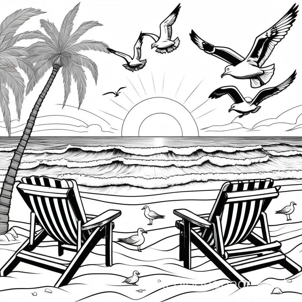 Beach-Sunset-Coloring-Page-with-Palm-Tree-Chairs-and-Seagulls