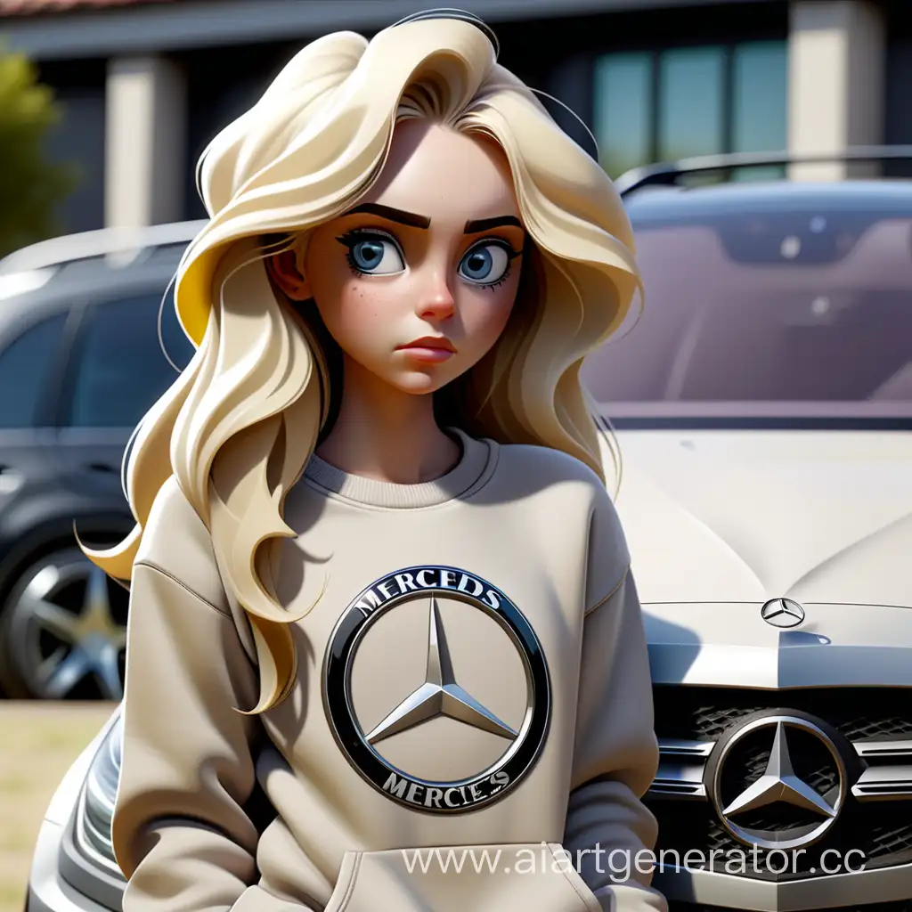 девушка с русыми волосами в толстовке с эмблемой мерседеса,стоит и смотрит на машину мерседес