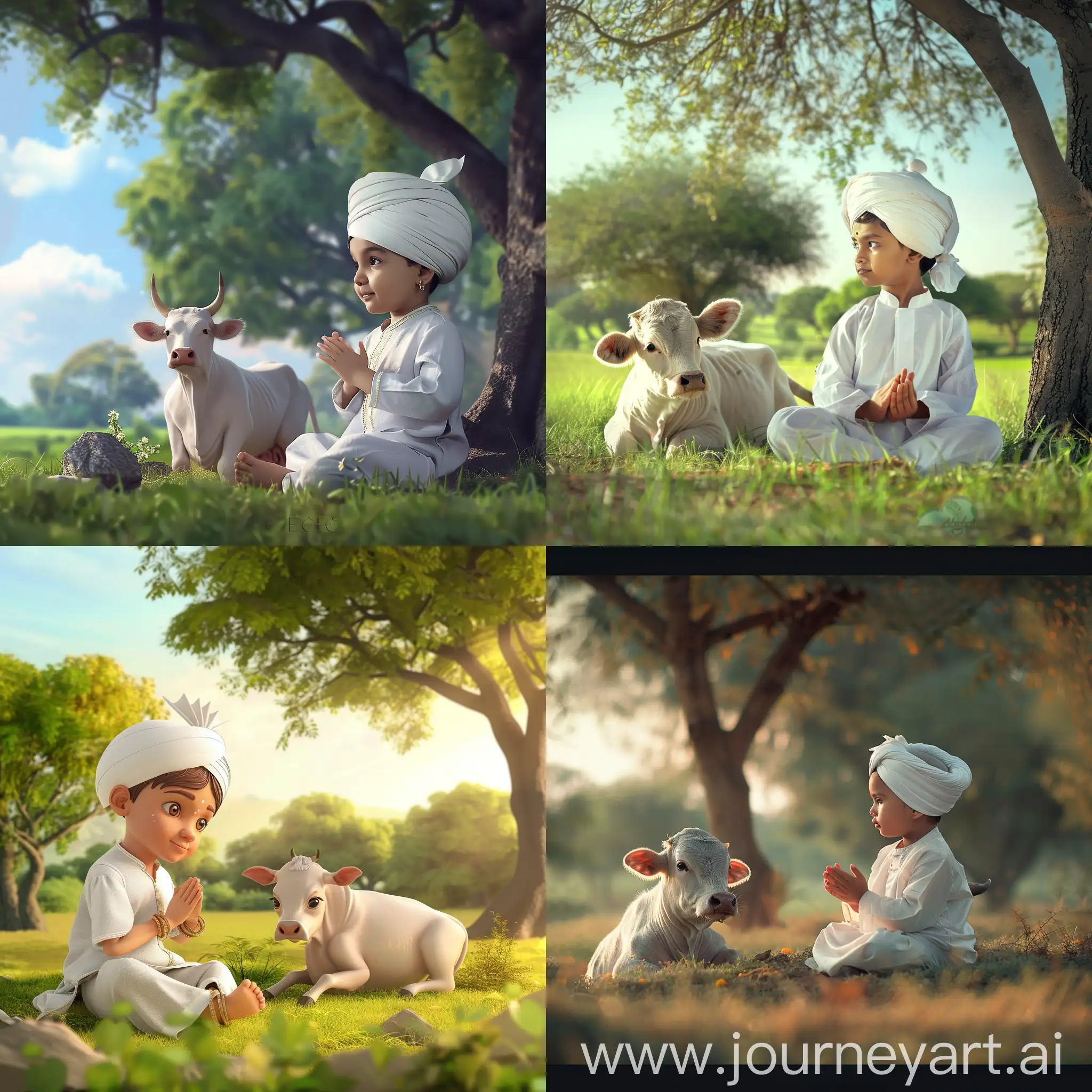 A village child wearing a white kurta panjama with white turban on head with folding hands sitting near a cute white cow under a beautiful trees in a green field animated morning view facing left side, HD view
