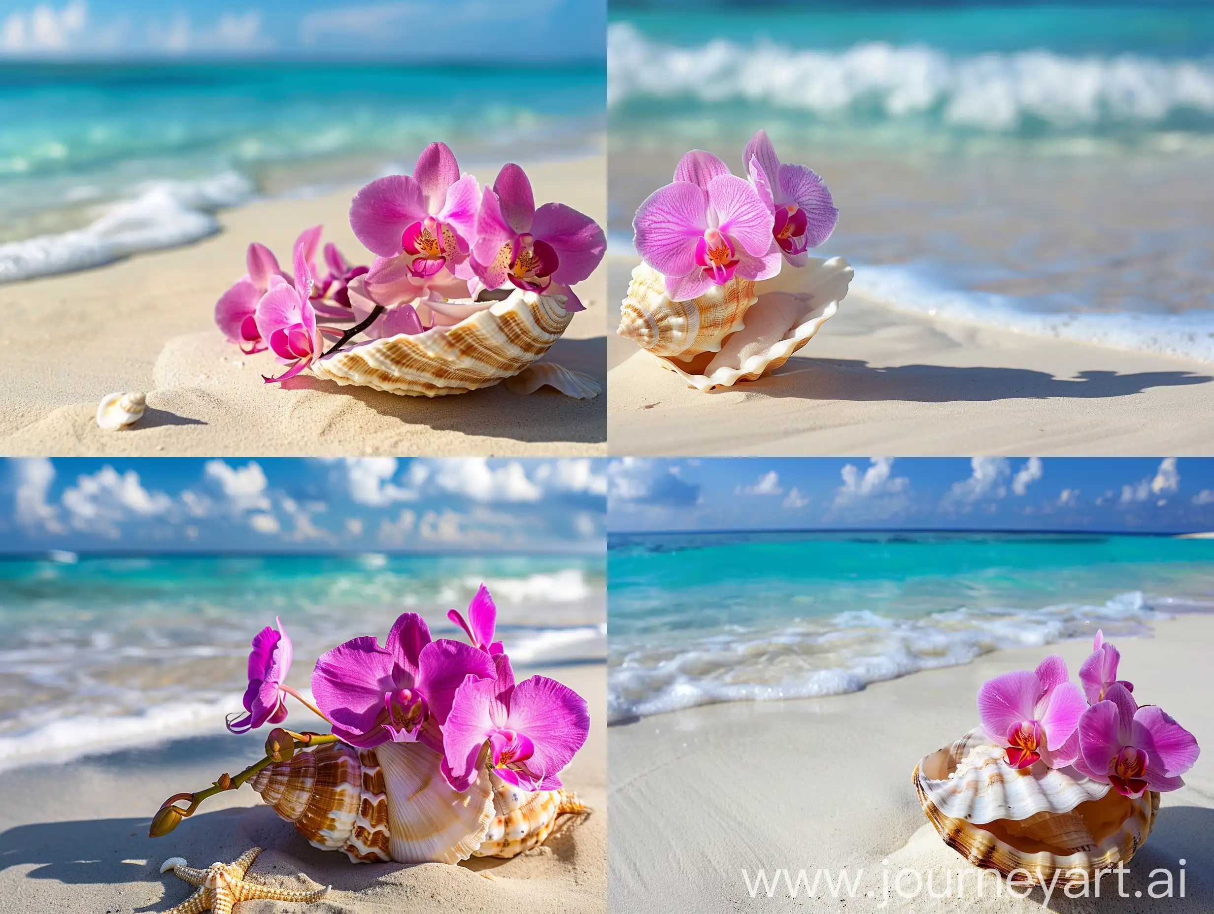 Pink orchid in a seashell on the sandy shore of the Maldives