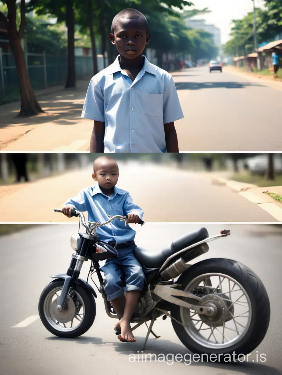 The mother is Asian and the father is black African. He has a son who is 22 years old. And height is 5.5 feet. Draw three pictures of the boy who is their son. One with his parents, the other while reading alone in the library. In the third picture, he is driving a motorbike on the road. It should be remembered that in all three pictures, the boy's appearance remains the same and the clothes are different in all three pictures