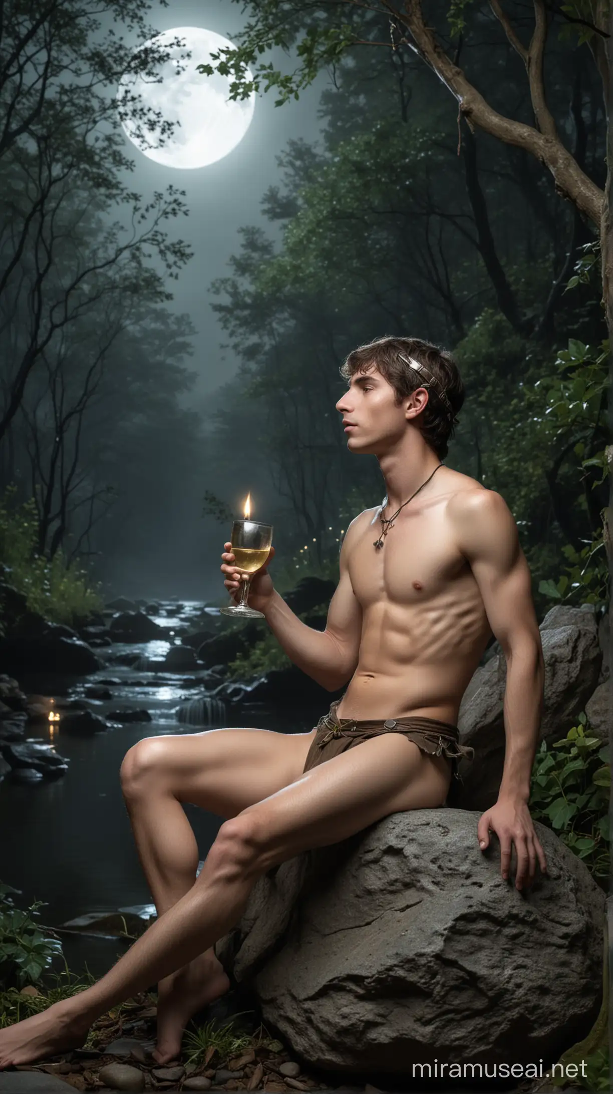 Duende masculinode 18 anos sentado em uma pedra, com um copo na mão, nu, sob a luz da lua, em uma floresta encantada, cercado de elfos tocando flautas.